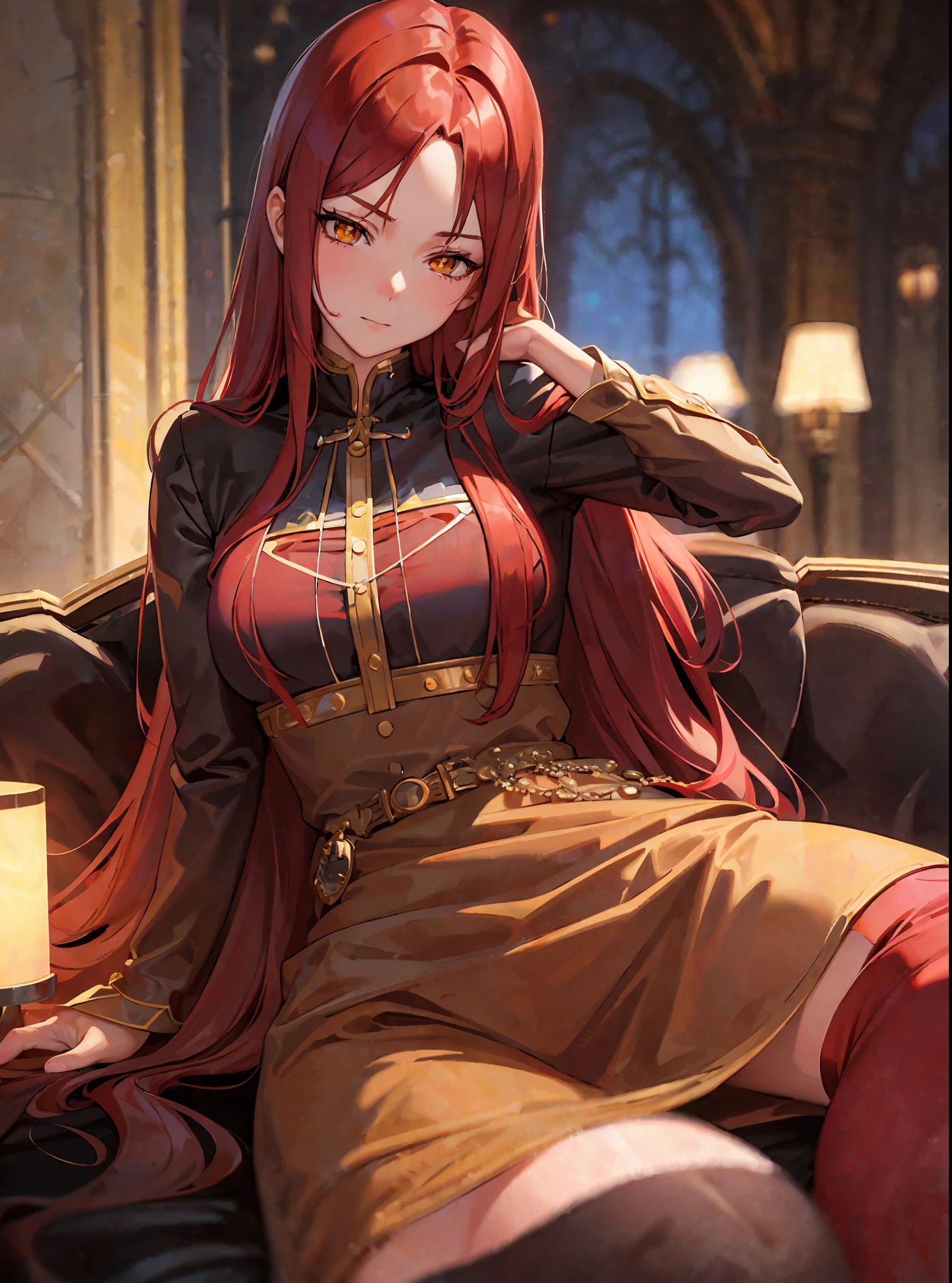 (masterpiece, best quality) an adult woman with very long red hair, resting, sleeping, lying on a bed, sleepwear, long stockings, queen, room, good anatomy, correct proportions, yellow eyes, serious, emotionless, eyes closed, straight bangs, very long red hair, evil, (yellow eyes), gothic, medium chest, head-to-waist portrait, cinematics, color oil painting, solo, cinematic lighting, extremely detailed face, finely detailed face, beautiful face, beautiful eyes, perfect lighting, depth of field, realistic proportions, good anatomy, long coat, hood covering head