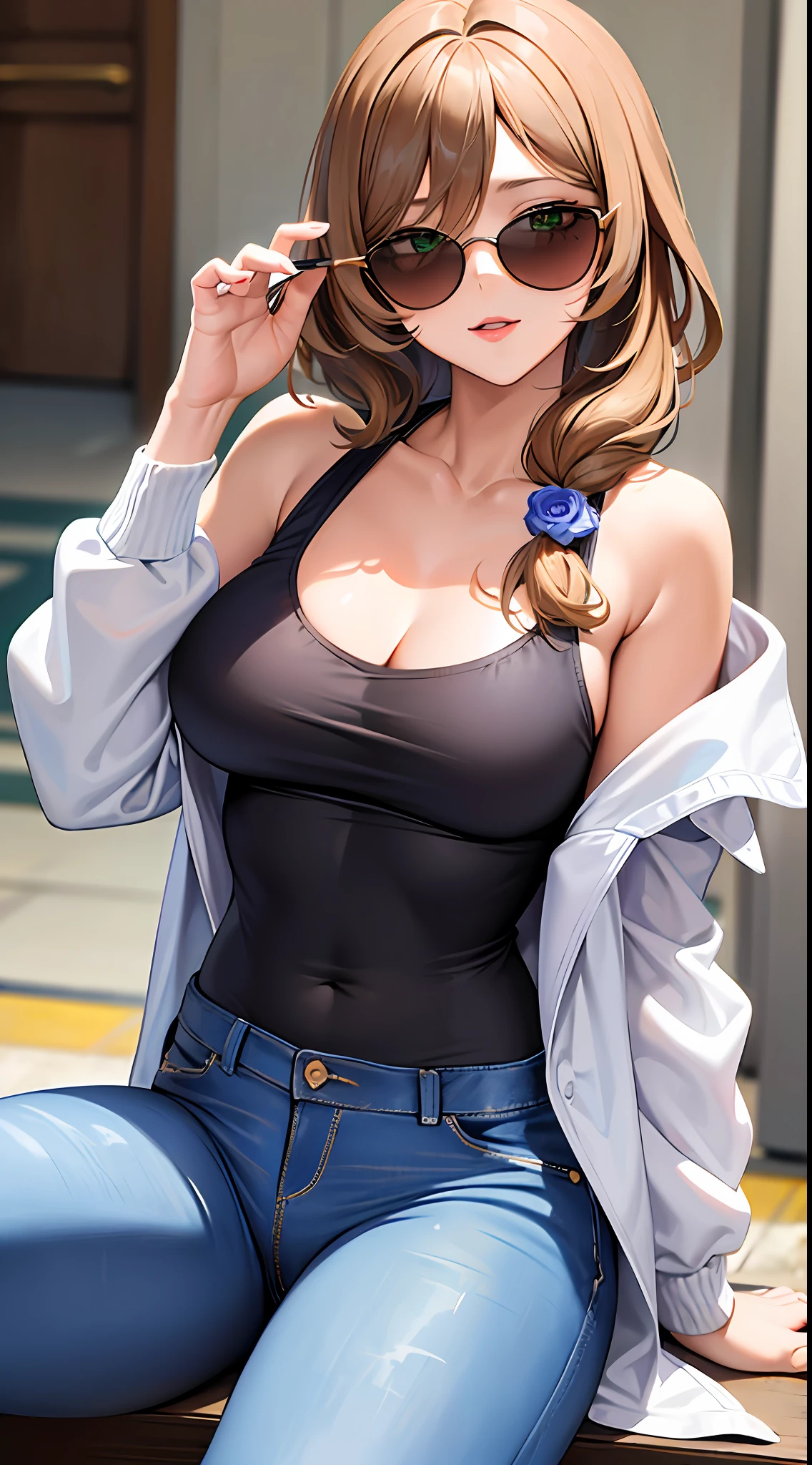1girl, masterpiece, best quality, medium close-up, ((off shoulder coat, tight tanktop, jeans, sunglasses)), street