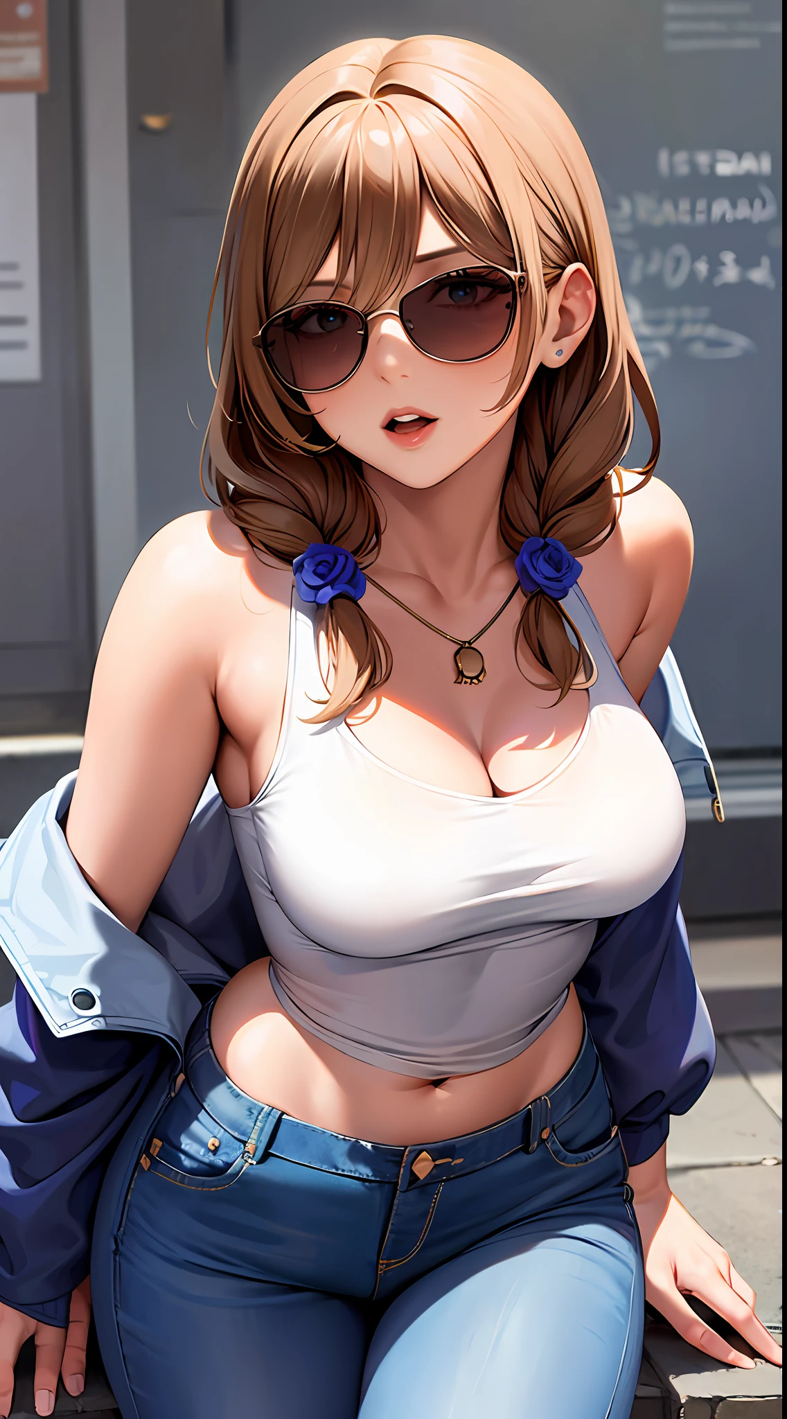 1girl, masterpiece, best quality, medium close-up, ((off shoulder coat, tight tanktop, jeans, sunglasses)), street