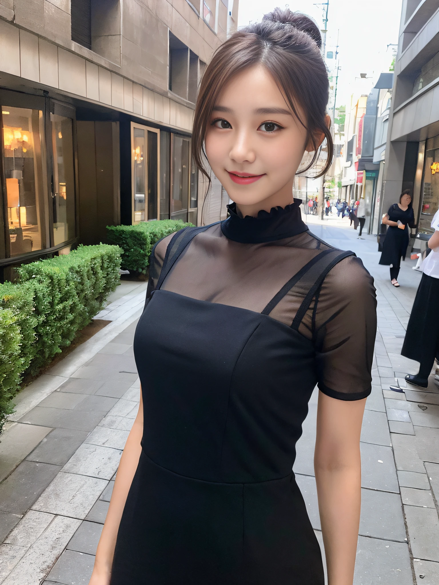 ((top quality, 8k, masterpiece: 1.3)), 1 girl, smile, full body, slim face, pretty woman, (dark brown hair), full-length dress: 1.1, ponytail, ultra detailed face, detailed eyes, double eyelids, blurred background, slim face, city, outside, street,