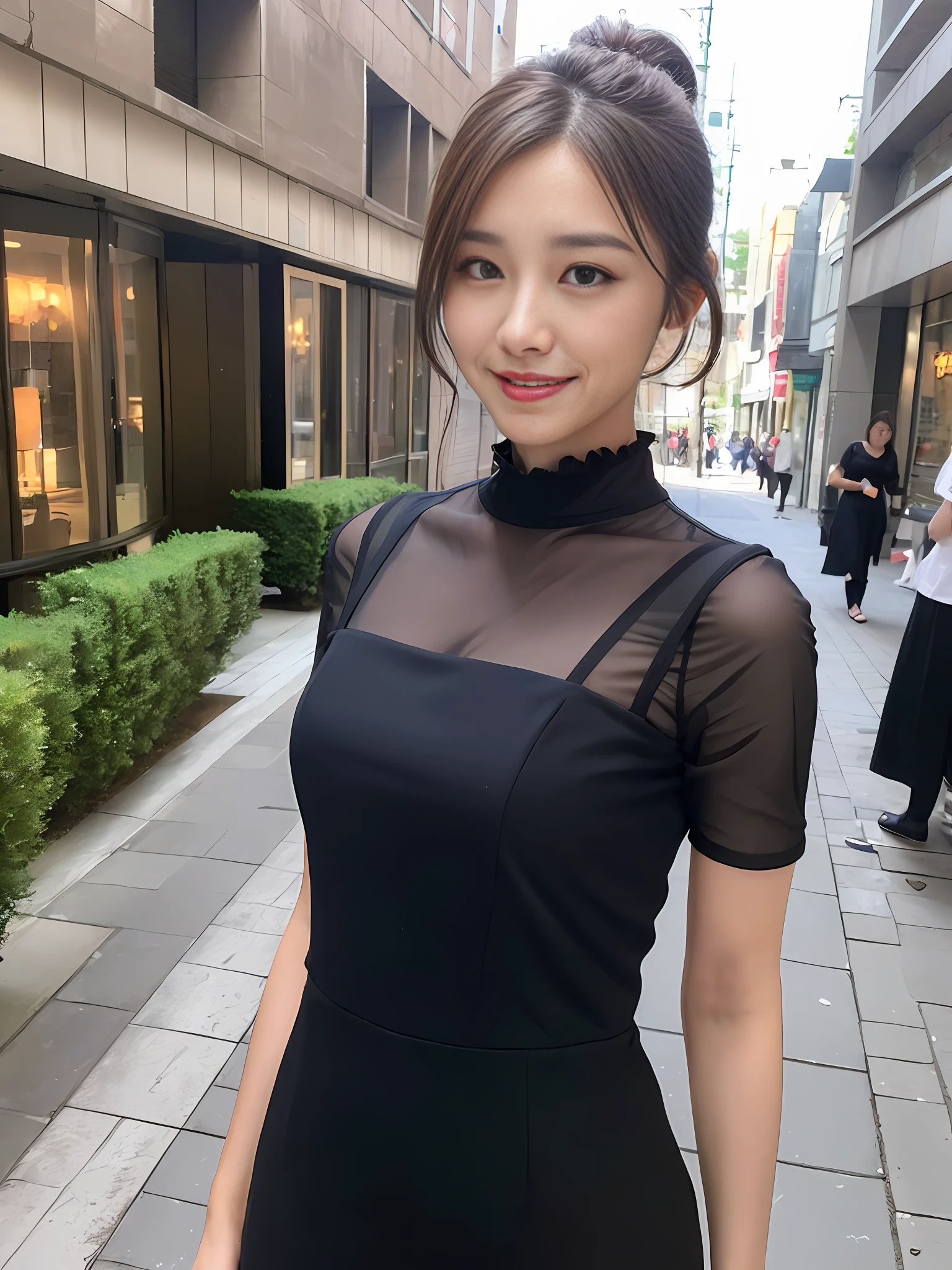 ((top quality, 8k, masterpiece: 1.3)), 1 girl, smile, full body, slim face, pretty woman, (dark brown hair), full-length dress: 1.1, ponytail, ultra detailed face, detailed eyes, double eyelids, blurred background, slim face, city, outside, street,
