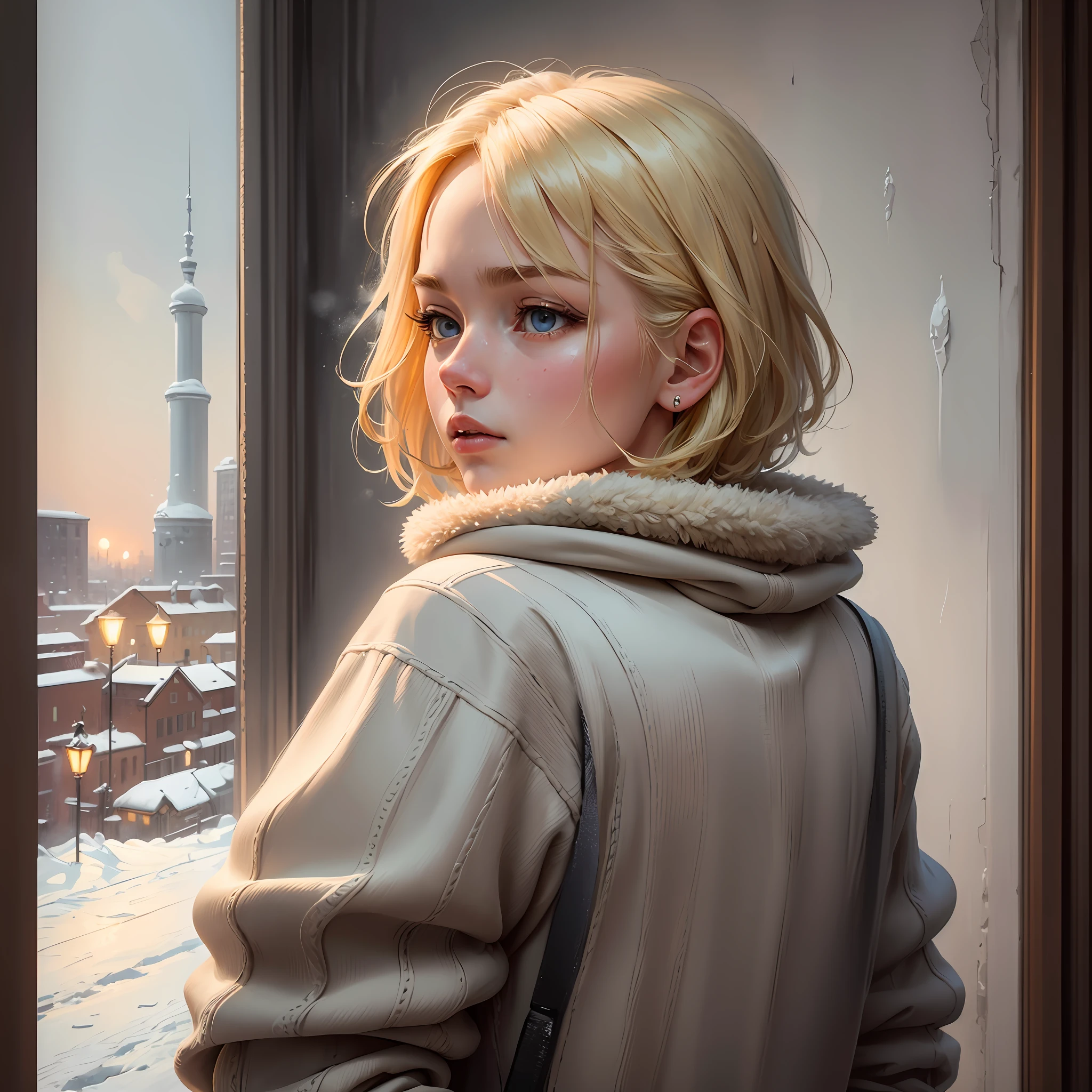 (oil painting, masterpiece, best quality, ultra detailed, focus on character), short blonde hair, ([back:0.8]|[ face facing backwards:1.1]), serious face, ([cold scenario:1.2]|[ snowy background:1.3]| [high contrast:1.1]) --auto --s2