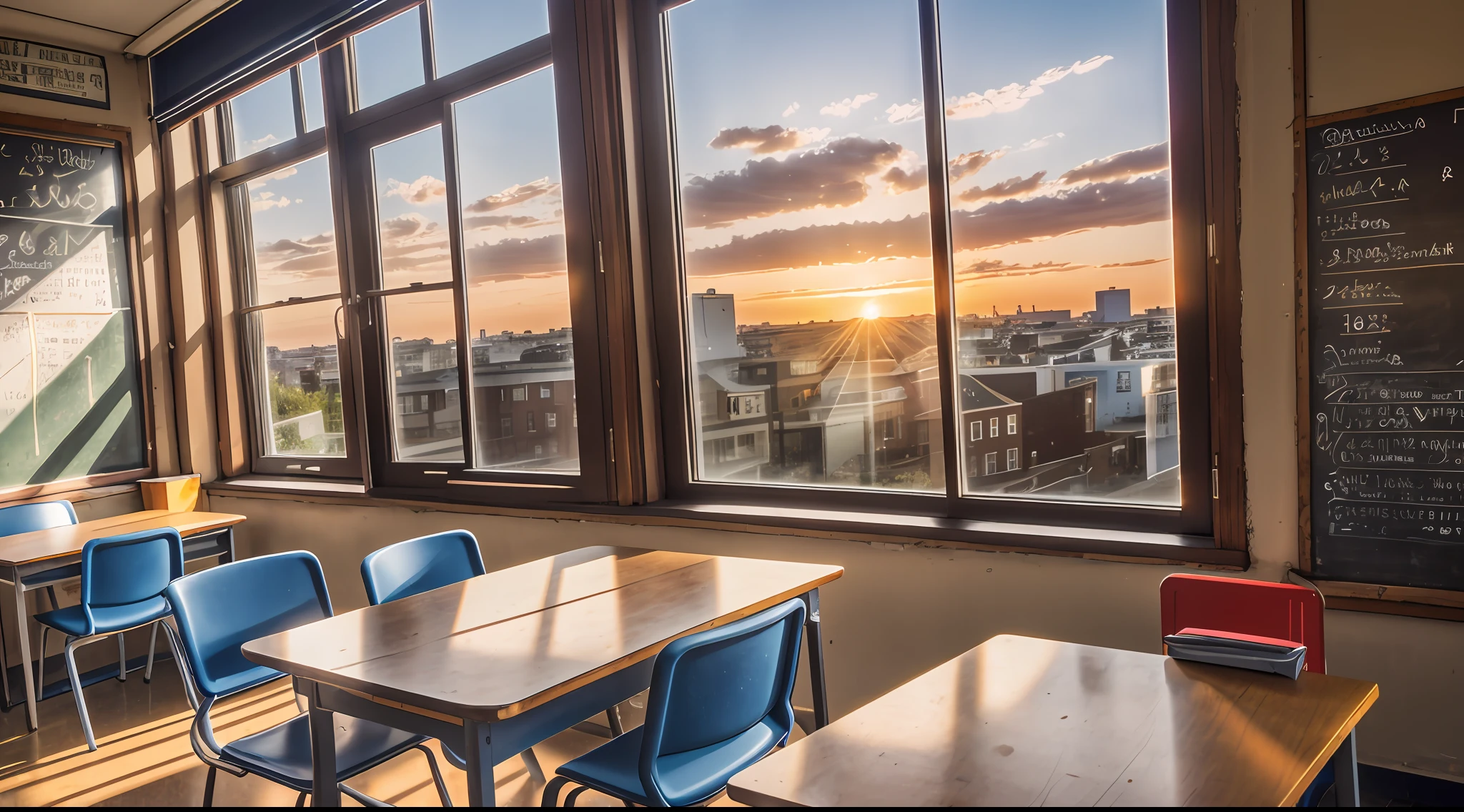 photography original, sony master, 16mm, f=16, 1 boy back, 1 girl back, classroom, blackboard, class seat, window, (outside the window), oblique, sunset)), masterpiece, UHD, retina, high detail, super detail, super resolution, 16k, award-winning --auto --s2