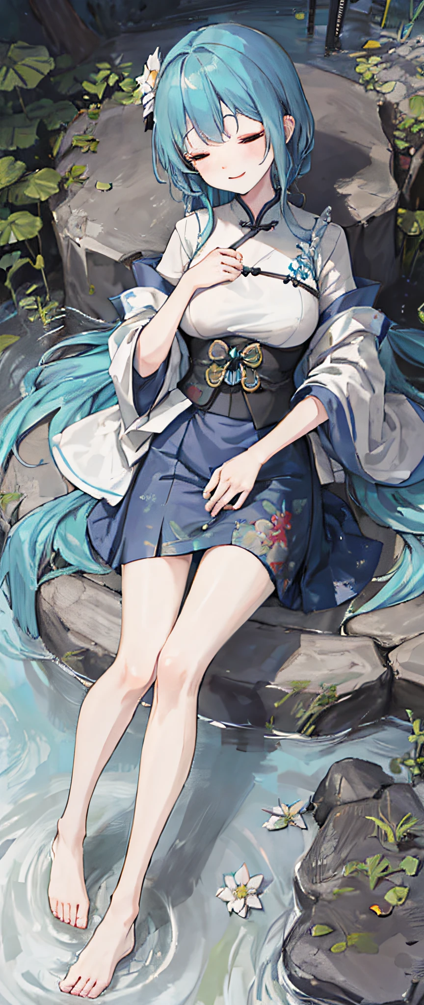 (4k, masterpiece quality), sleeping ink, Chinese painting style, lotus pond water feature, hanfu, long skirt, dignified (conservative) 1 woman, independent (single), long cyan blue hair, smiling, standing, barefoot treading water.