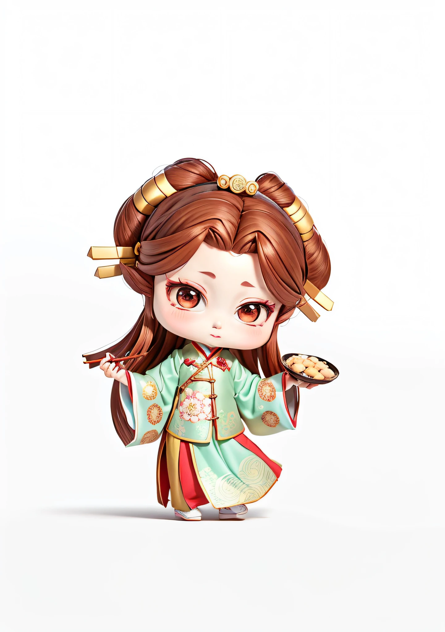 A girl in Hanfu, holding chopsticks in her left hand, holding a plate with dumplings in her right hand, brown hair, ancient Chinese patterns on her clothes, winter solstice, eating dumplings, white background