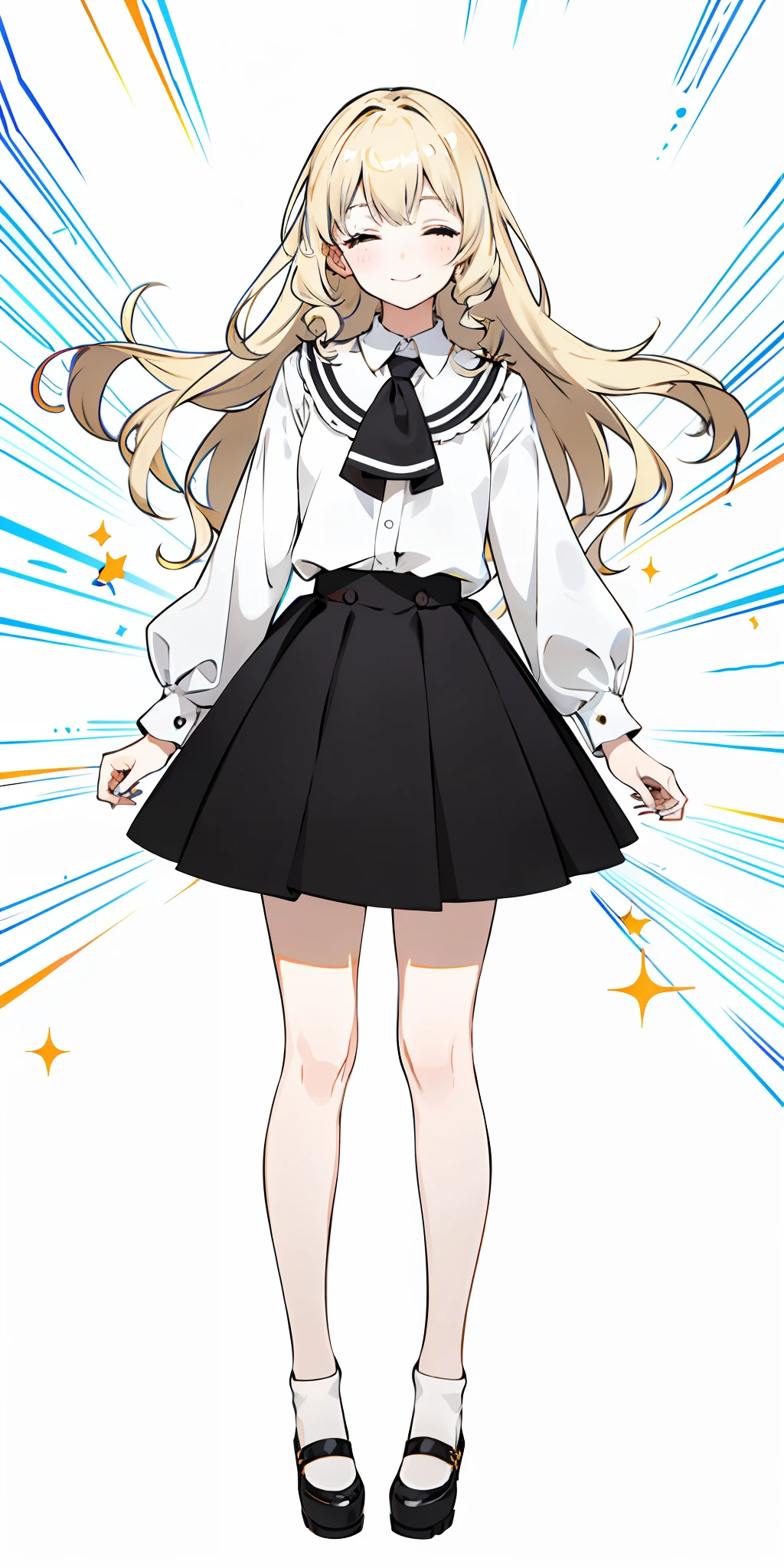 Color, (Masterpiece: 1.4), (Best Image Quality: 1.4), 8K, HD, Ultra HD, 1 Girl, (Small: 1.4), Long Blonde Hair,Small White Clothes, Short Black Skirt, White Socks, Desk, Reading, Holding a Pen, Curly, Blushing, (Smiling Happily), (Covering Hands, Covering Eyes)), Classroom, Blackboard, Wind, Skirt, Flipping Skirt,