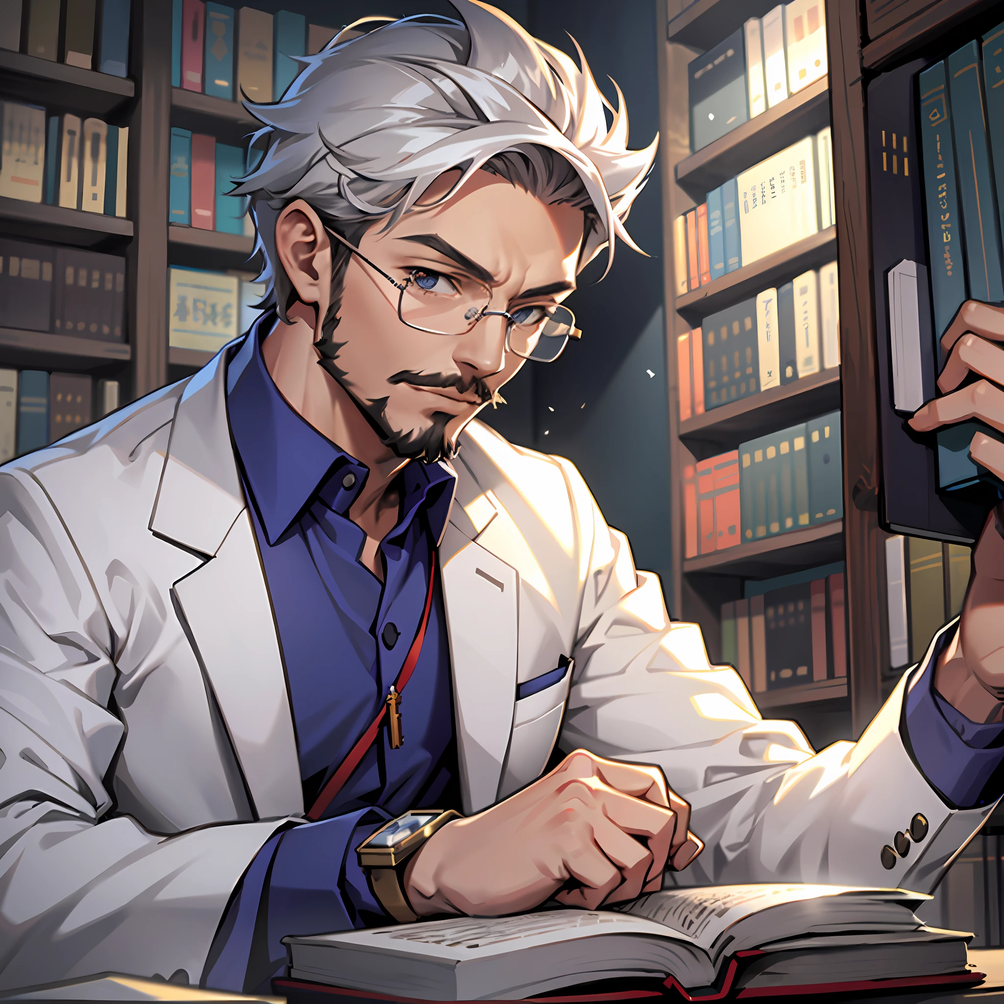 anime man in a white coat sitting at a desk with a book, elite scientist, rpg book portrait, portrait of professor sinister, professor clothes, alchemist library background, infinite celestial library, crisp clear rpg portrait, xqc, skinny male fantasy scientist, official character art, detailed digital anime art, he is in a alchemist lab, detailed key anime art, librarian
