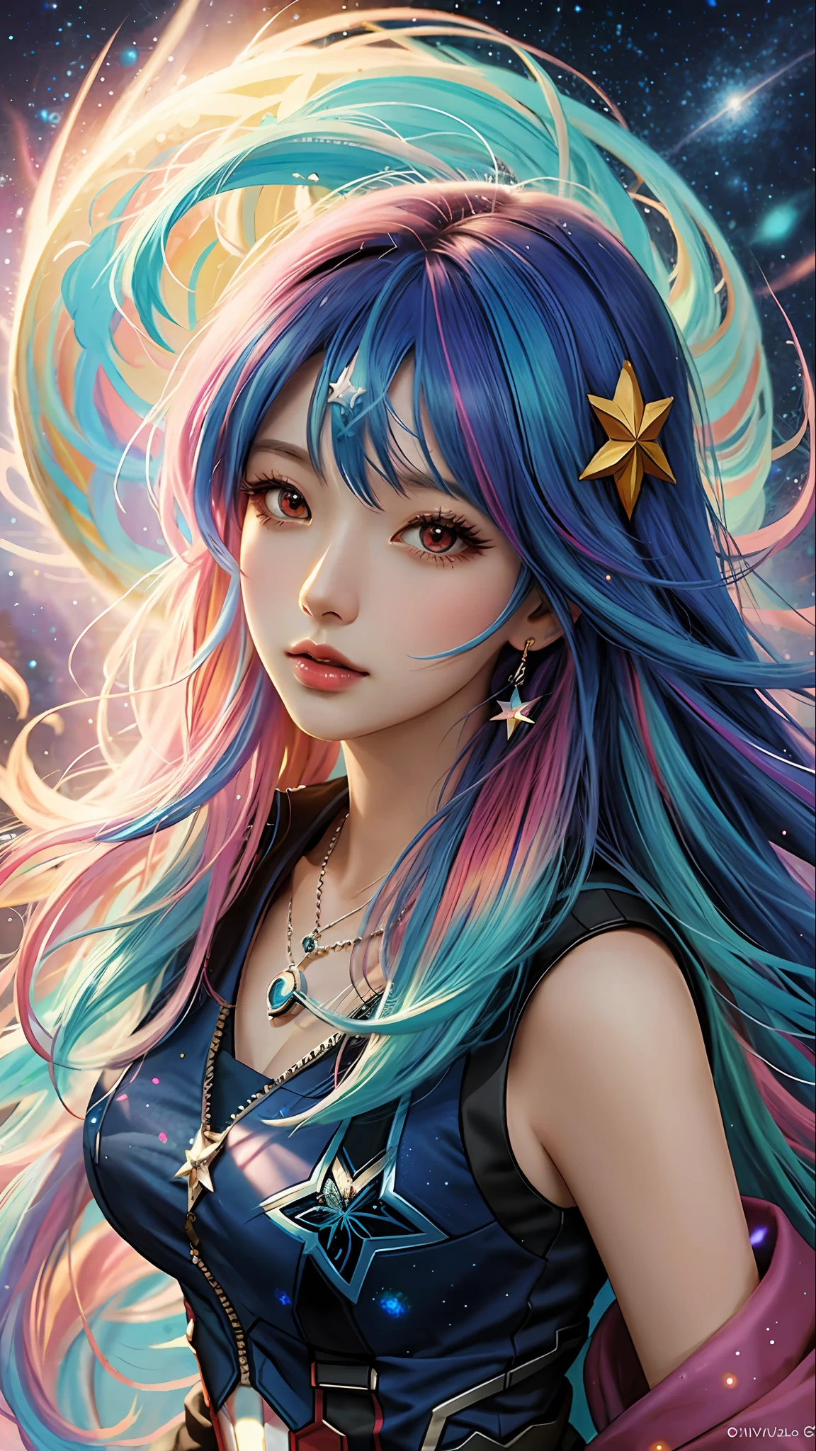 Close-up of a woman with colorful hair and necklace, anime girl with cosmic hair, Rossdraws' soft vibrancy, Gouviz-style artwork, fantasy art style, colorful]", vibrant fantasy style, Rossdraws cartoon full of vitality, cosmic and colorful, Guweiz, colorful digital fantasy art, stunning art style, beautiful anime style, white skin, Captain America clothes
