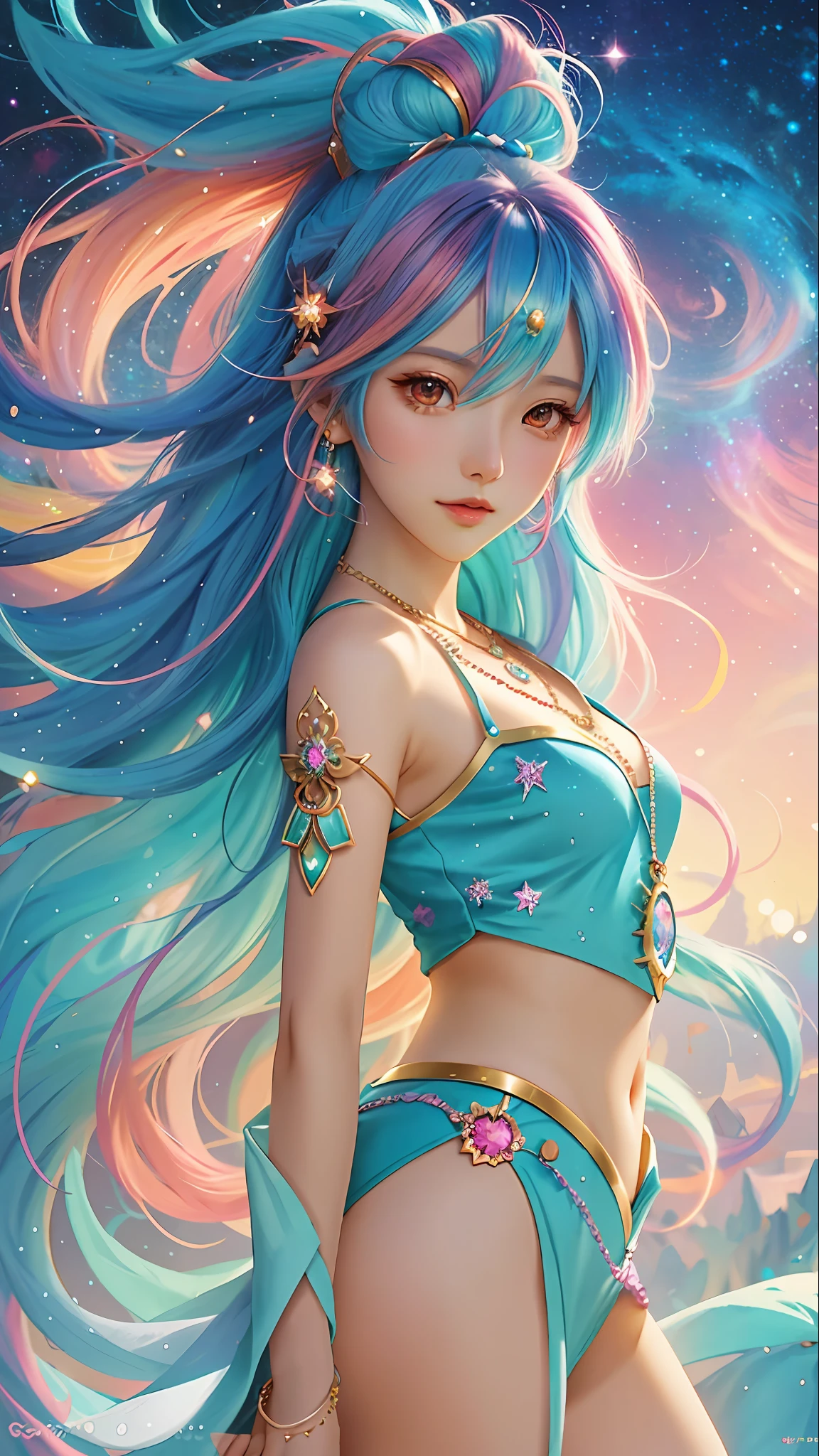 Close-up of a woman with colorful hair and necklace, anime girl with cosmic hair, Rossdraws' soft vitality, Gouviz-style artwork, fantasy art style, colorful]", vibrant fantasy style, Rossdraws cartoon full of vitality, cosmic and colorful, Guweiz, colorful digital fantasy art, stunning art style, beautiful anime style, white skin, little dance