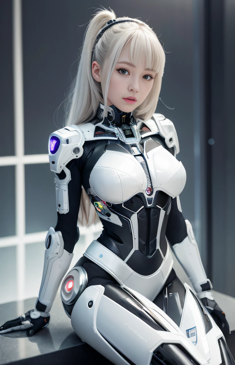 Photorealistic, woman dressed in white (lace, full cyborg suit: 1.55) (sitting on table: 1.5) (body facing viewer: 1.2), (head facing left: 1.8), (legs crossed: 1.4), white hair, cyborg, robot parts, beautiful detailed body and face, Sakimi-chan HDRI, Amorance, beautiful detailed orixa, 2049 , Chiaki Nanami, Afrofuturistic, made by Maya, Samyan, 2070, cyborg, robot parts, 150 mm, beautiful studio soft light, rim light, vivid detail, gorgeous cyberpunk, lace, hyper-realistic, anatomical, facial muscle, cable wire, microchip, elegant, beautiful background, octane rendering, 8K, Top quality, masterpiece, illustration, very delicate and beautiful, highly detailed CG, unity, wallpaper, (realistic, photorealistic: 1.37), amazing, fine detail, masterpiece, highest quality, official art, highly detailed CG Unity 8k wallpaper, absurd, incredibly absurd, robot, silver halmet, (full body: 1.4), sitting, (nsfw: 1.2),