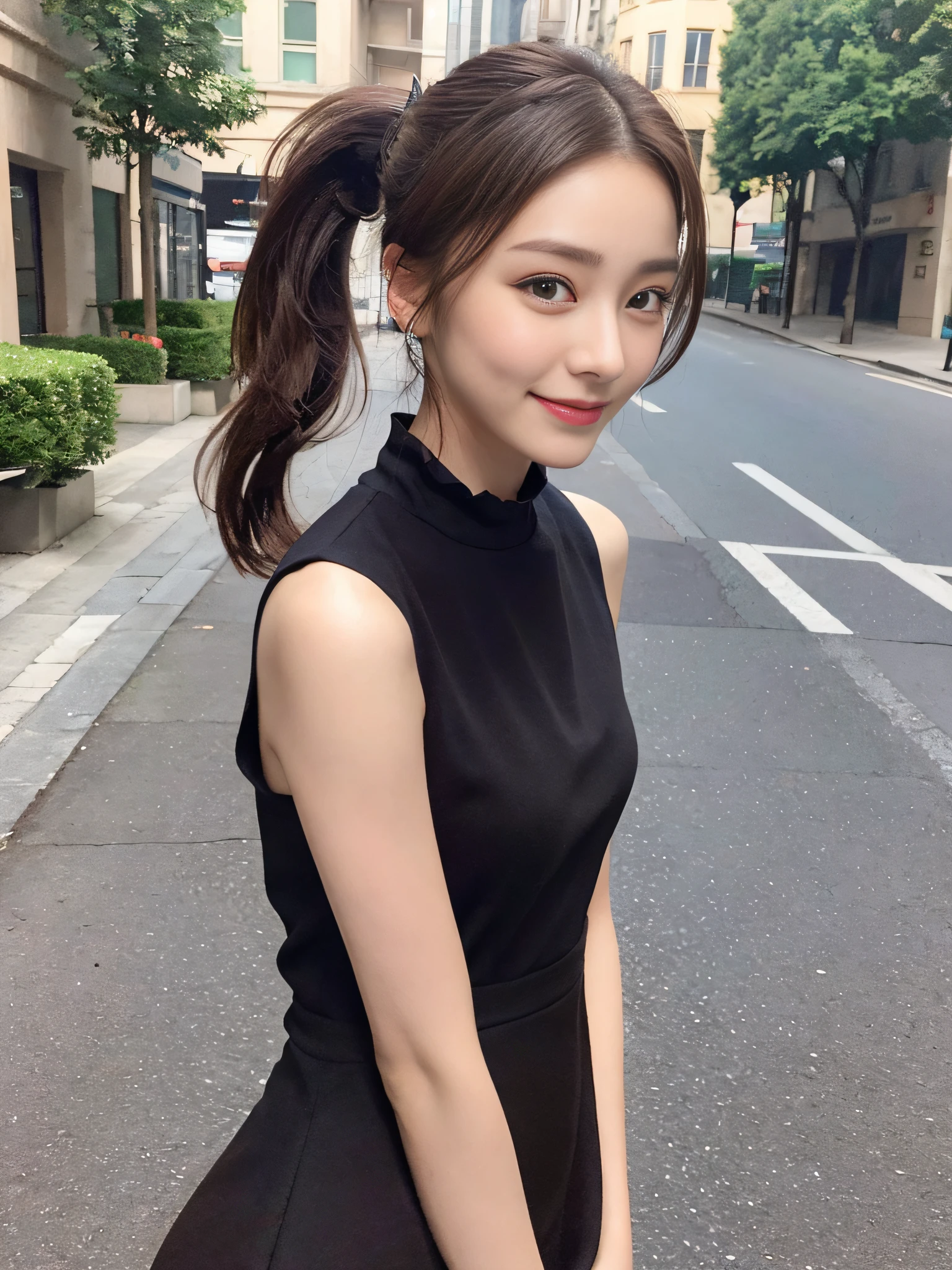 ((top quality, 8k, masterpiece: 1.3)), 1 girl, smile, full body, slim face, pretty woman, (dark brown hair), full-length dress: 1.1, ponytail, ultra detailed face, detailed eyes, double eyelids, blurred background, slim face, city, outside, street,
