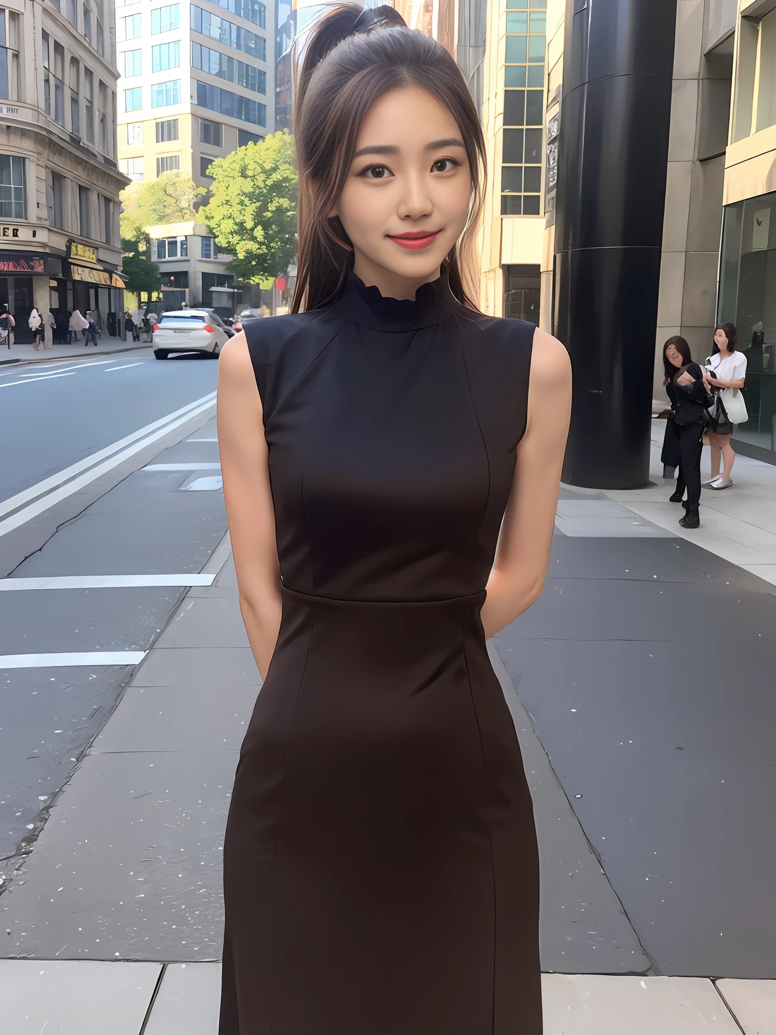 ((top quality, 8k, masterpiece: 1.3)), 1 girl, smile, full body, slim face, pretty woman, (dark brown hair), full-length dress: 1.1, ponytail, ultra detailed face, detailed eyes, double eyelids, blurred background, slim face, city, outside, street,