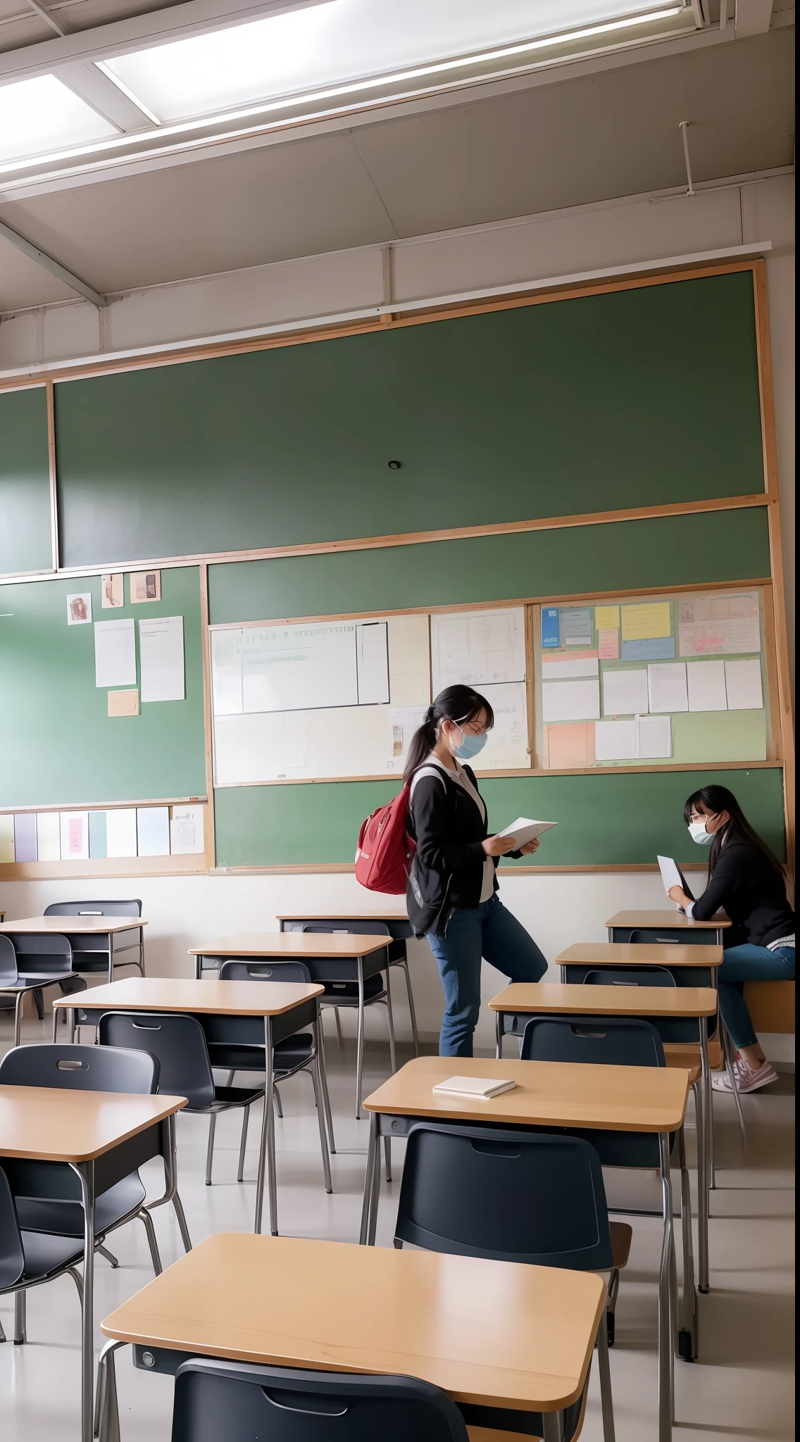 High school classrooms are full of students, some of whom are listening, some communicating, and some studying on their own. The blackboard is written with what the teacher is going to say today, various charts and posters are hung on the walls, and the sunlight pours in through the window, illuminating the classroom brightly. The smell of coffee and perfume permeates the classroom, presumably brought by the students during recess. Some students were studying or socializing with notebooks or mobile phones in hand, while others were looking intently at the blackboard and listening carefully to the teacher's explanation, and the atmosphere was very active. The whole classroom appears orderly and exudes a deep cultural atmosphere.