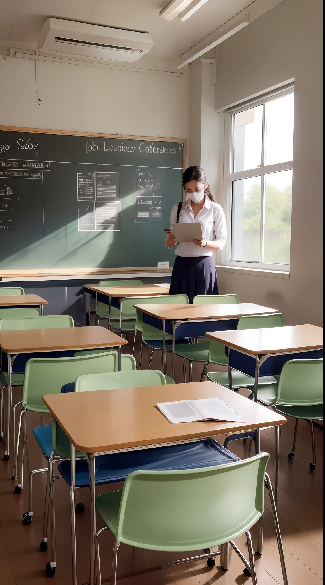 High school classrooms are full of students, some of whom are listening, some communicating, and some studying on their own. The blackboard is written with what the teacher is going to say today, various charts and posters are hung on the walls, and the sunlight pours in through the window, illuminating the classroom brightly. The smell of coffee and perfume permeates the classroom, presumably brought by the students during recess. Some students were studying or socializing with notebooks or mobile phones in hand, while others were looking intently at the blackboard and listening carefully to the teacher's explanation, and the atmosphere was very active. The whole classroom appears orderly and exudes a deep cultural atmosphere.