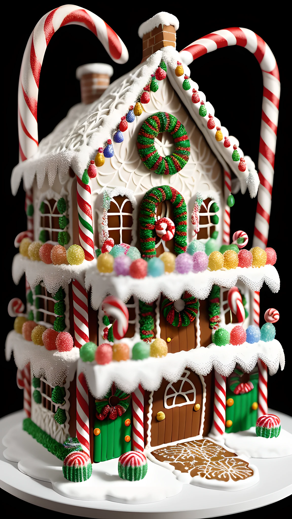 delightful diorama showcases a meticulously crafted gingerbread house, adorned with colorful candy accents and set against a pristine white background, every intricate detail of the gingerbread structure, from the frosted windows to the candy cane pillars, best quality, high quality, highres, detail enhancement, 8k, hdr, sharp focus, ultra detailed, perfect lighting