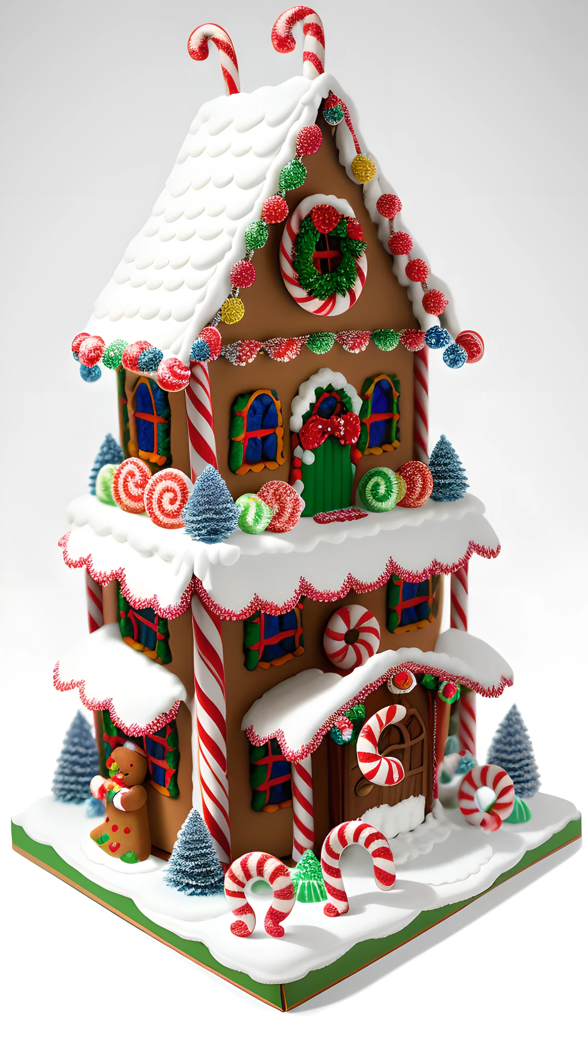 delightful diorama showcases a meticulously crafted gingerbread house, adorned with colorful candy accents and set against a pristine white background, every intricate detail of the gingerbread structure, from the frosted windows to the candy cane pillars, best quality, high quality, highres, detail enhancement, 8k, hdr, sharp focus, ultra detailed, perfect lighting