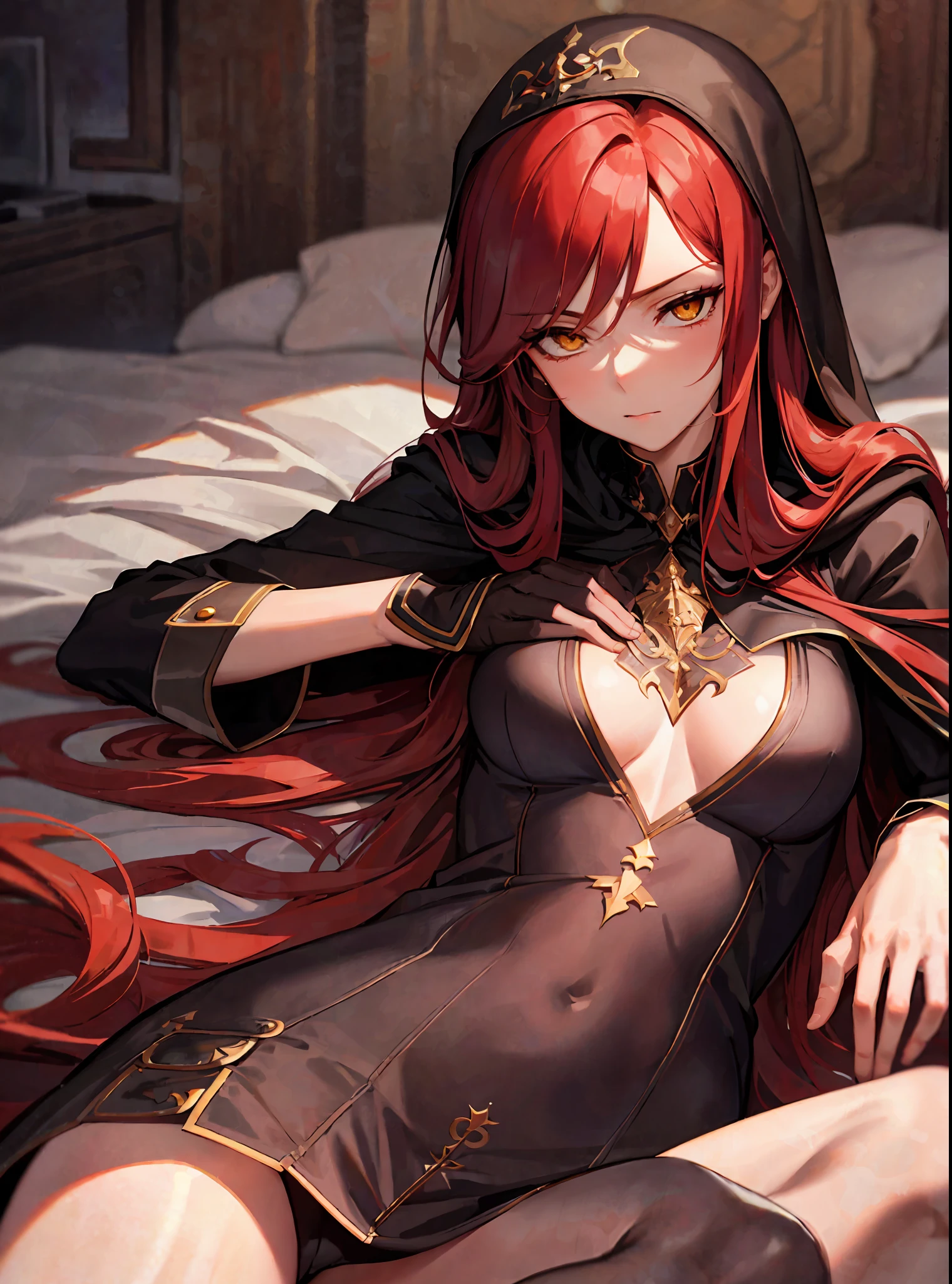 (masterpiece, best quality) an adult woman with very long red hair, resting, sleeping, lying on a bed, dressed in pajamas, covered by sheets, underwear, sleepwear, long stockings, queen, room, good anatomy, correct proportions, yellow eyes, serious, emotionless, closed eyes, straight bangs, very long red hair, evil, (yellow eyes), gothic, medium chest, Waist to Head Portrait, Cinematics, Color Oil Painting, Solo, Cinematic Lighting, Extremely Detailed Face, Finely Detailed Face, Beautiful Face, Beautiful Eyes, Perfect Lighting, Depth of Field, Realistic Proportions, Good Anatomy, Long Coat, Head Covering Hood