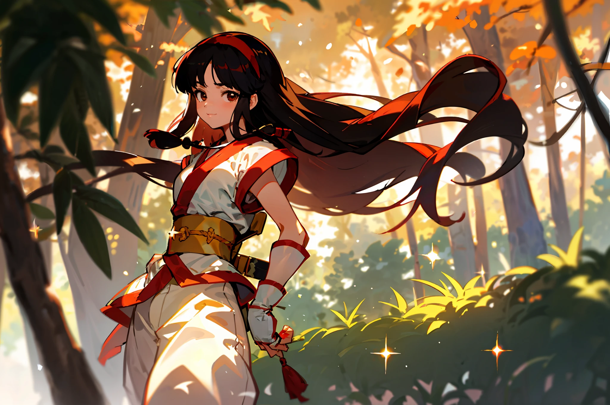 masterpiece, best quality,1girl, nakorurums, red bow, bow, long hair, hair bow, ainu clothes, solo, hairband, black hair, fingerless gloves, short sleeves, gloves, sash, pants, bangs, red hairband, weapon, breasts, brown eyes, white pants, japanese clothes, nakoruru, light smile, good composition, detailed portrait, bokeh, forest with river, sun behind back, high resolution, cool color , blurry foreground, looking at viewer, hands behind back, hands not in view, nostalgia look, dramatic hair, shinto gate behind, masterpiece, very detailed, (sparkle: 1.3), serious pose, (illustration: 1.5), (brush)