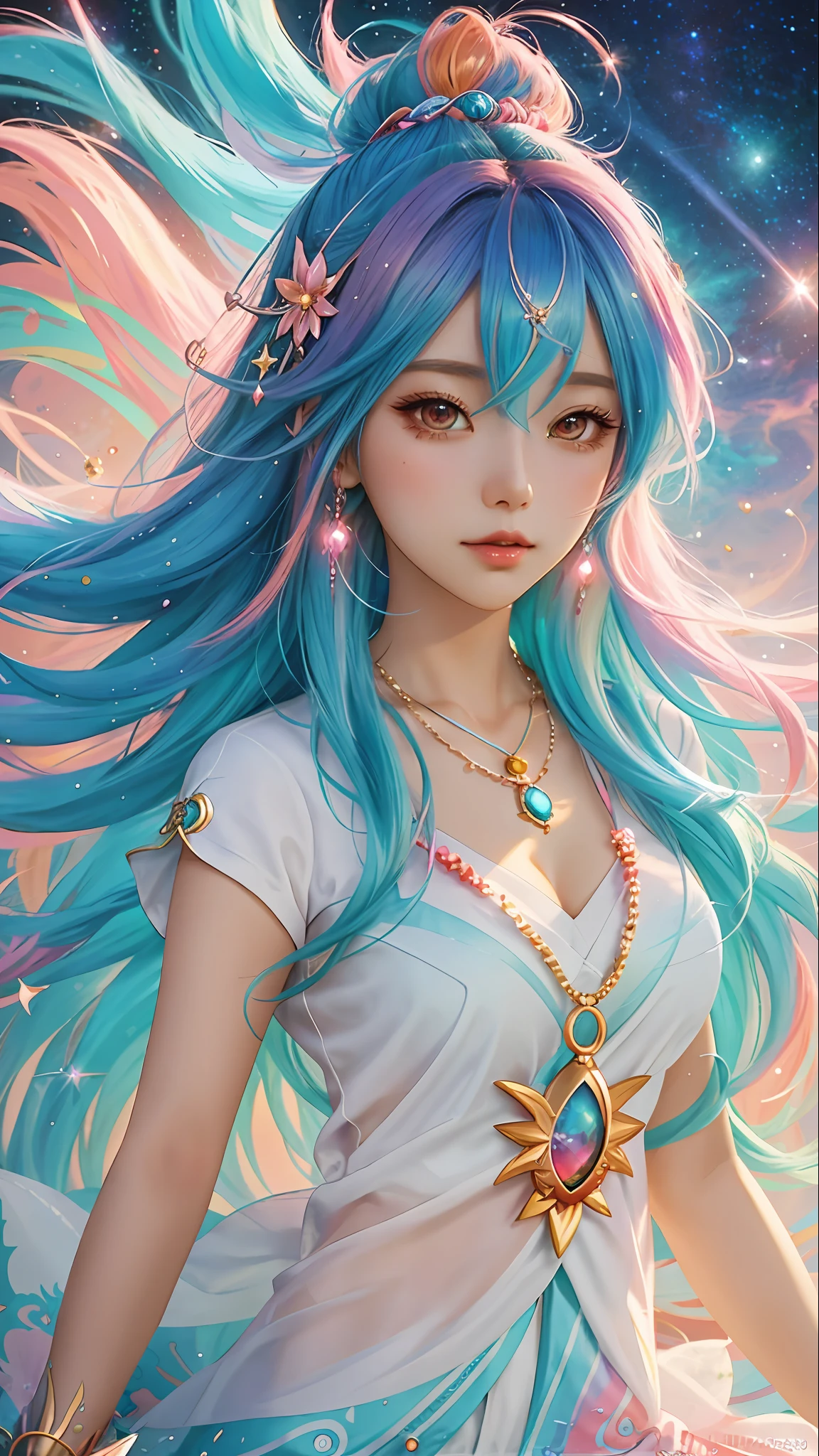 Close-up of a woman with colorful hair and necklace, anime girl with cosmic hair, Rossdraws' soft vitality, Gouviz-style artwork, fantasy art style, colorful]", vibrant fantasy style, Rossdraws cartoon full of vitality, cosmic and colorful, Guweiz, colorful digital fantasy art, stunning art style, beautiful anime style, white skin, little dance