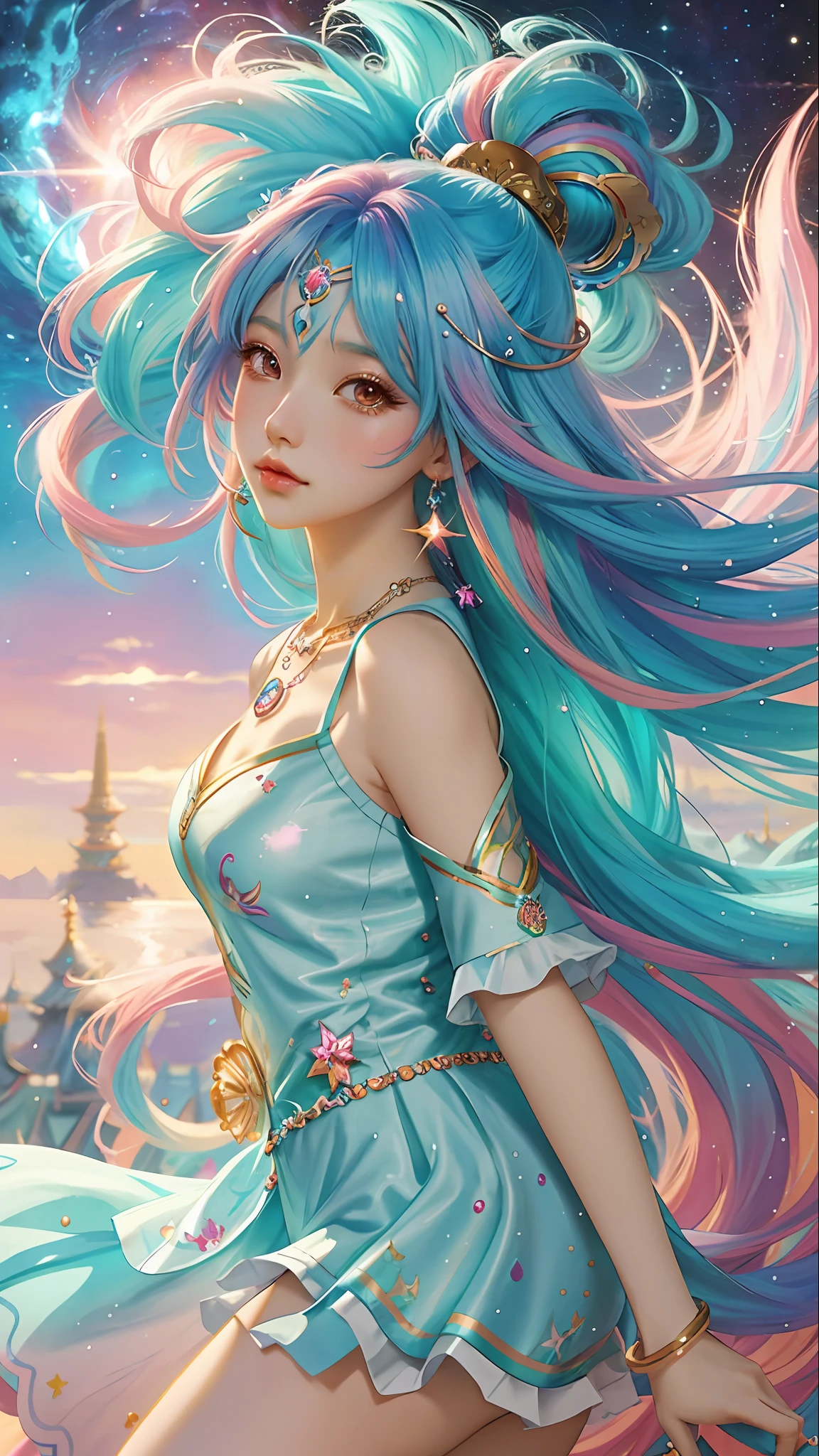 Close-up of a woman with colorful hair and necklace, anime girl with cosmic hair, Rossdraws' soft vitality, Gouviz-style artwork, fantasy art style, colorful]", vibrant fantasy style, Rossdraws cartoon full of vitality, cosmic and colorful, Guweiz, colorful digital fantasy art, stunning art style, beautiful anime style, white skin, little dance