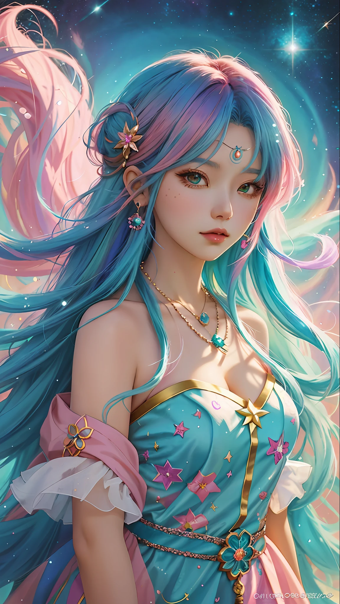 Close-up of a woman with colorful hair and necklace, anime girl with cosmic hair, Rossdraws' soft vibrancy, Gouvez style artwork, fantasy art style, colorful]", vibrant fantasy style, Rossdraws cartoon full of vitality, cosmic and colorful, Guweiz, colorful digital fantasy art, stunning art style, beautiful anime style, white skin, Medusa