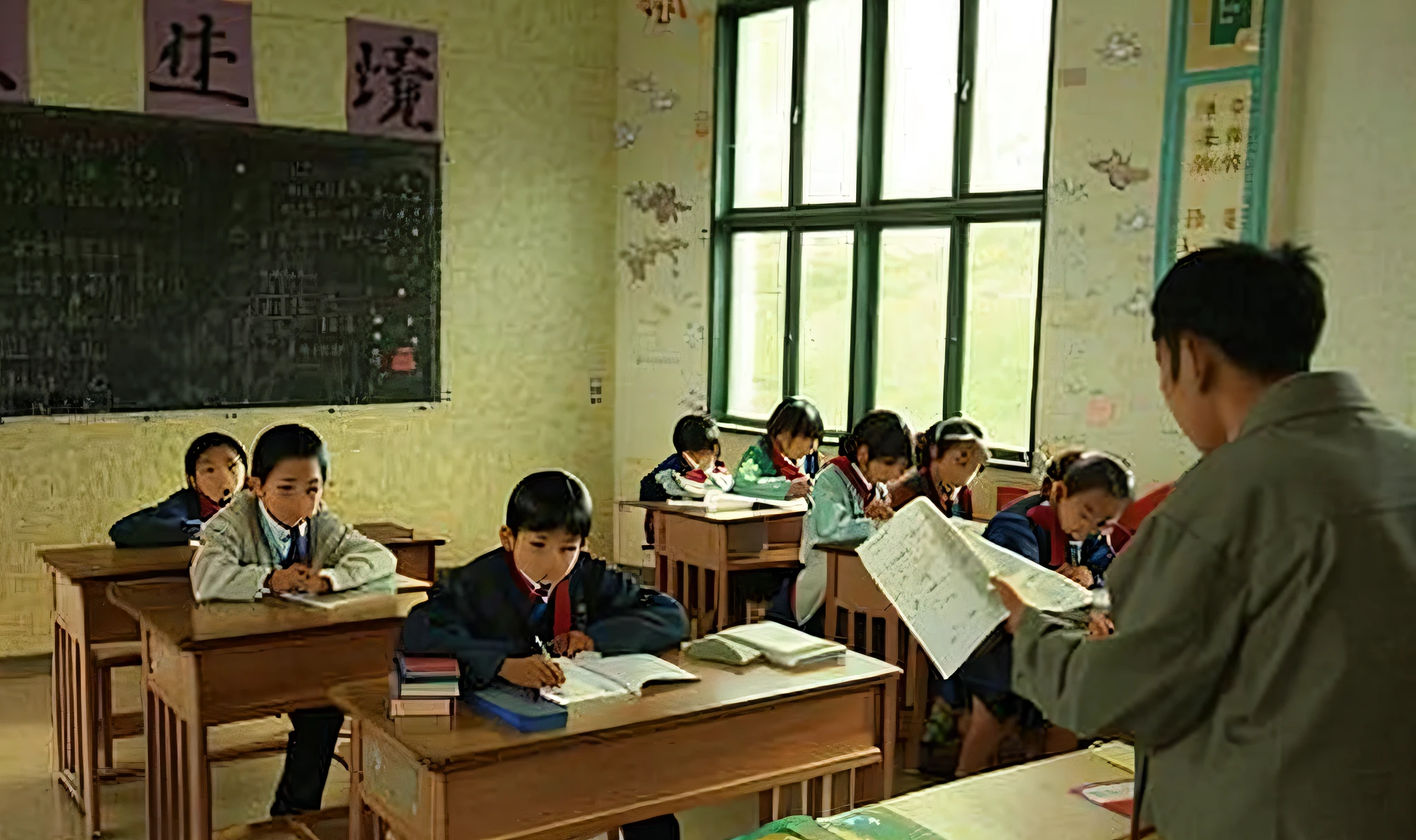 Hayao Miyazaki, there are many children sitting at the desk in the classroom, school class, school classroom, classroom photo, inside elementary school, school classroom, classroom, press photo, floor, sunlight through, there is a close-up, medium, far view, low saturation, low contrast
