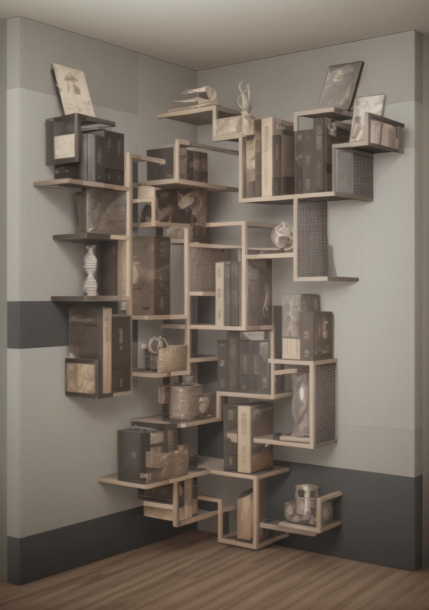 There is a room with shelves with many different objects, concepts, 3D collages, inspired by Kurt Schwitters, photos of 3d iOS rooms, bookshelf, bookshelf full, abstract concept, inspired by Louise Nevelson, library bookshelf artwork, shelves with books of various colors, (((shelf material is iron))), interior environment, cool colors, frame in black metal, interior scene