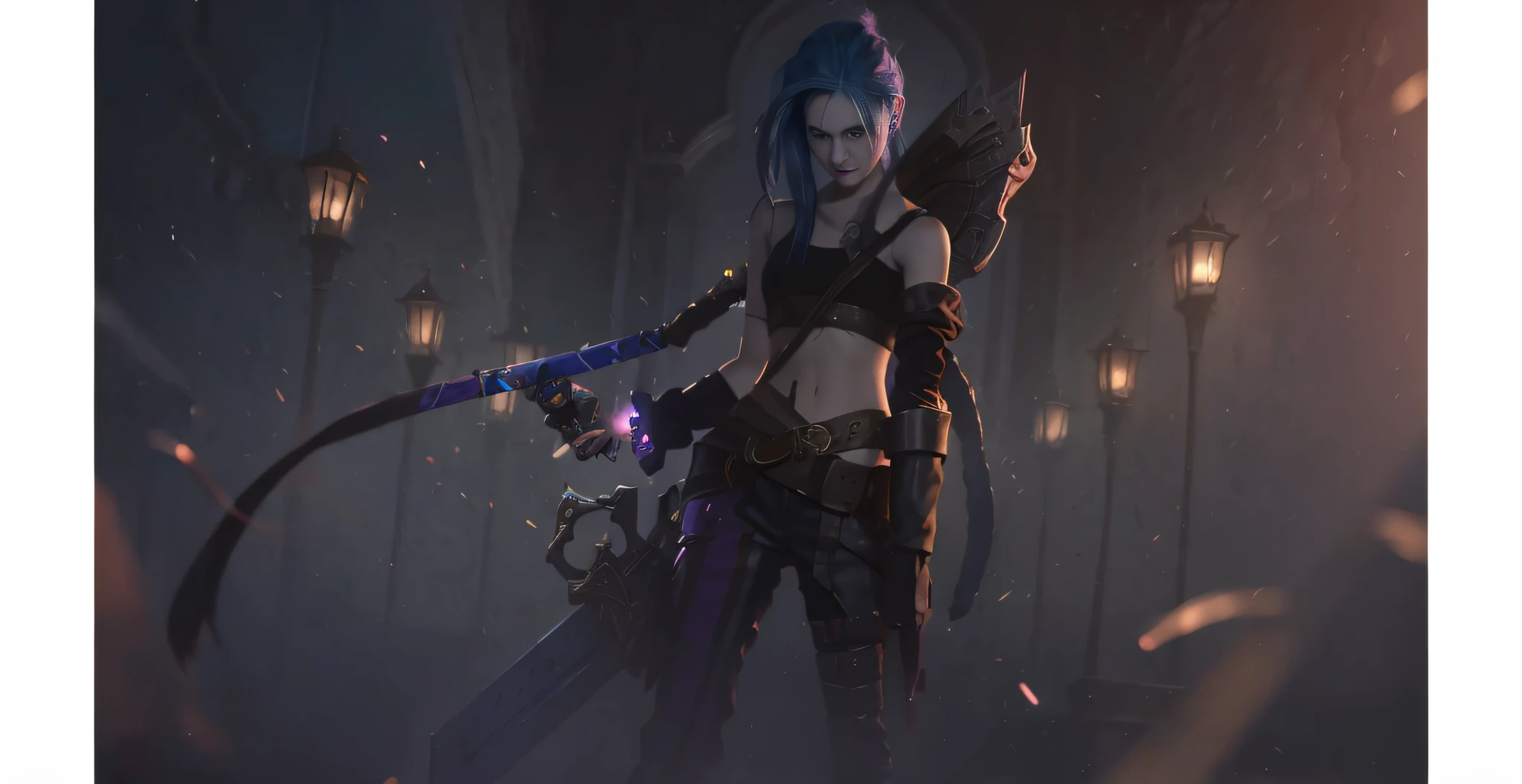 a woman with blue hair holding a sword in a dark room, arcane jinx, league of legends character art, league of legends character, portrait of jinx from arcane, riot games concept art, samira from league of legends, league of legends concept art, from league of legends, jinx from league of legends, kda, leblanc