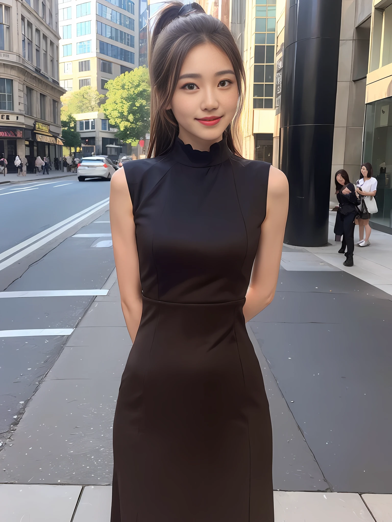((top quality, 8k, masterpiece: 1.3)), 1 girl, smile, full body, slim face, pretty woman, (dark brown hair), full-length dress: 1.1, ponytail, ultra detailed face, detailed eyes, double eyelids, blurred background, slim face, city, outside, street,