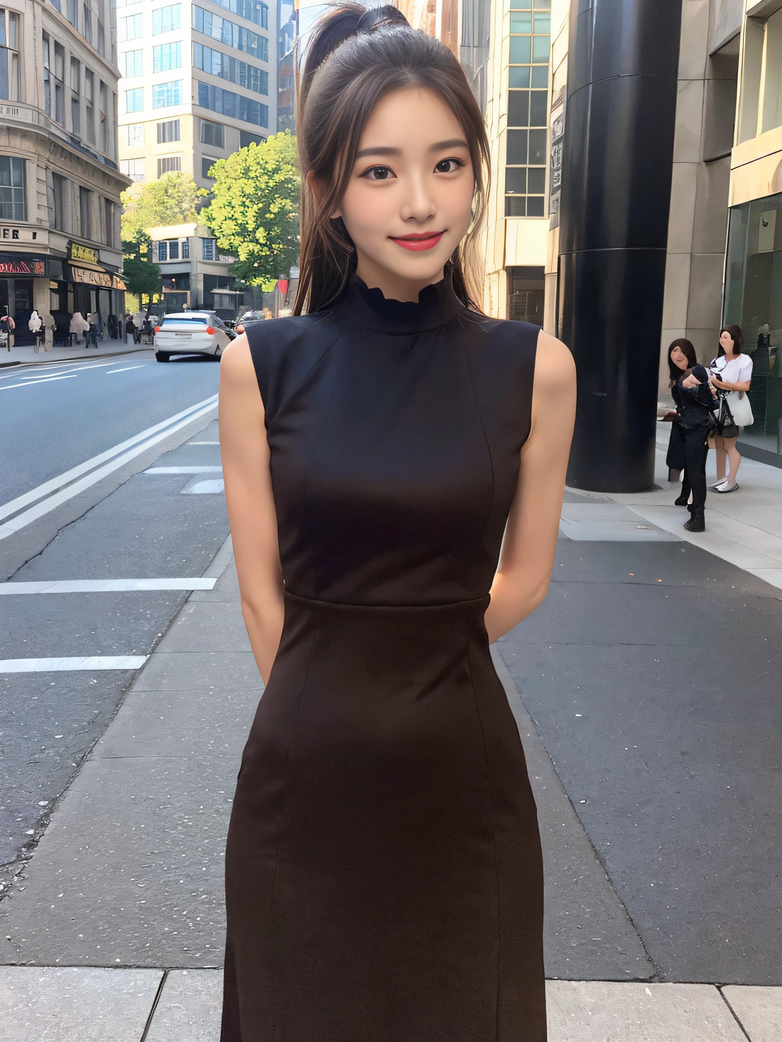 ((top quality, 8k, masterpiece: 1.3)), 1 girl, smile, full body, slim face, pretty woman, (dark brown hair), full-length dress: 1.1, ponytail, ultra detailed face, detailed eyes, double eyelids, blurred background, slim face, city, outside, street,
