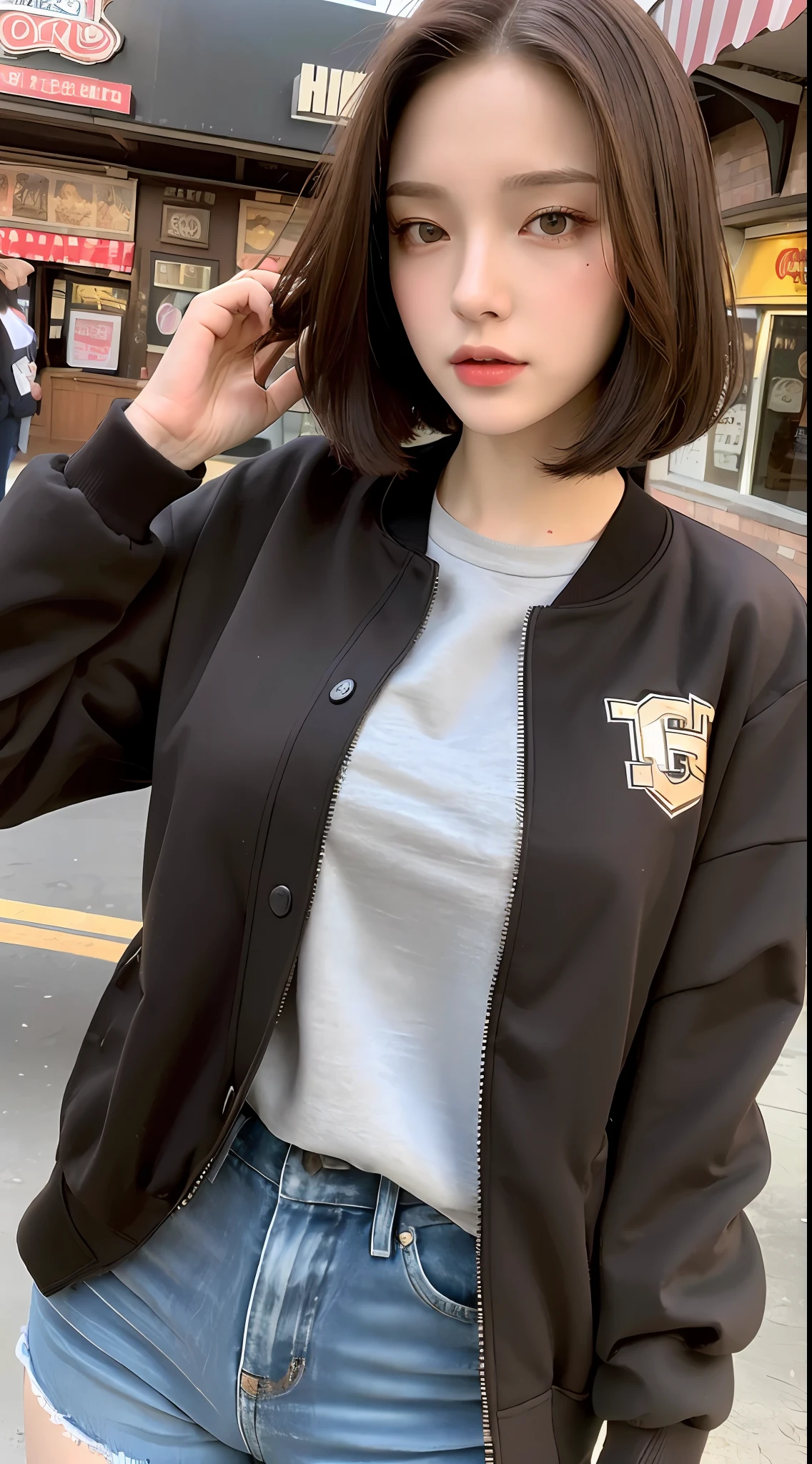 (Best quality, High resolution, Masterpiece :1.3), A tall and pretty woman, Slender figure beauty, Breasts, (Dark brown short hair), Wearing varsity jacket, At amusement park, Details exquisitely rendered in the face and skin texture, Detailed eyes, Double eyelid