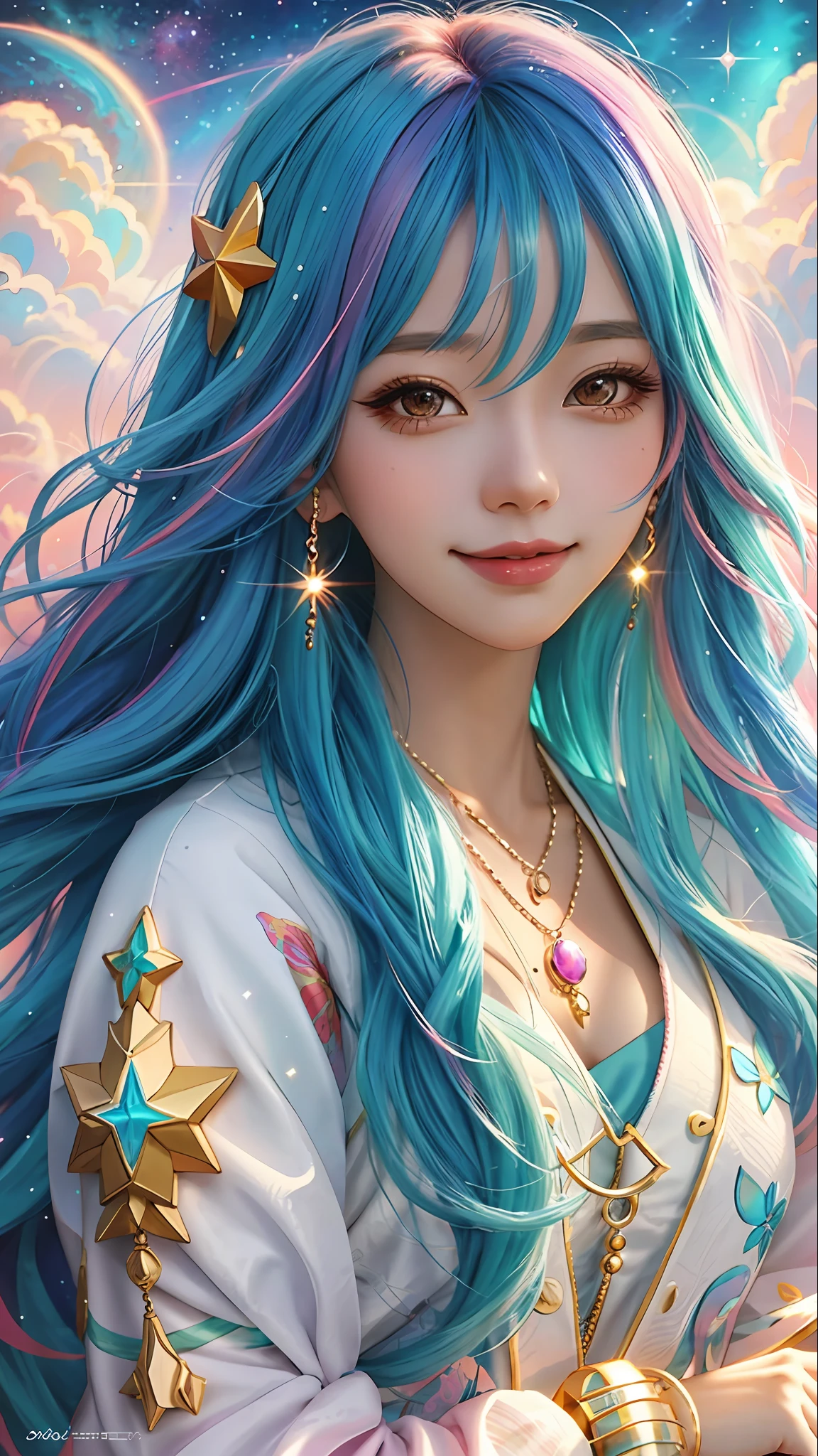 Close-up of a woman with colorful hair and necklace, anime girl with cosmic hair, Rossdraws' soft vibrancy, Gouviz-style artwork, fantasy art style, colorful]", vibrant fantasy style, Rossdraws cartoon full of vitality, cosmic and colorful, Guweiz, colorful digital fantasy art, stunning art style, beautiful anime style, white skin, glowing hair, smile