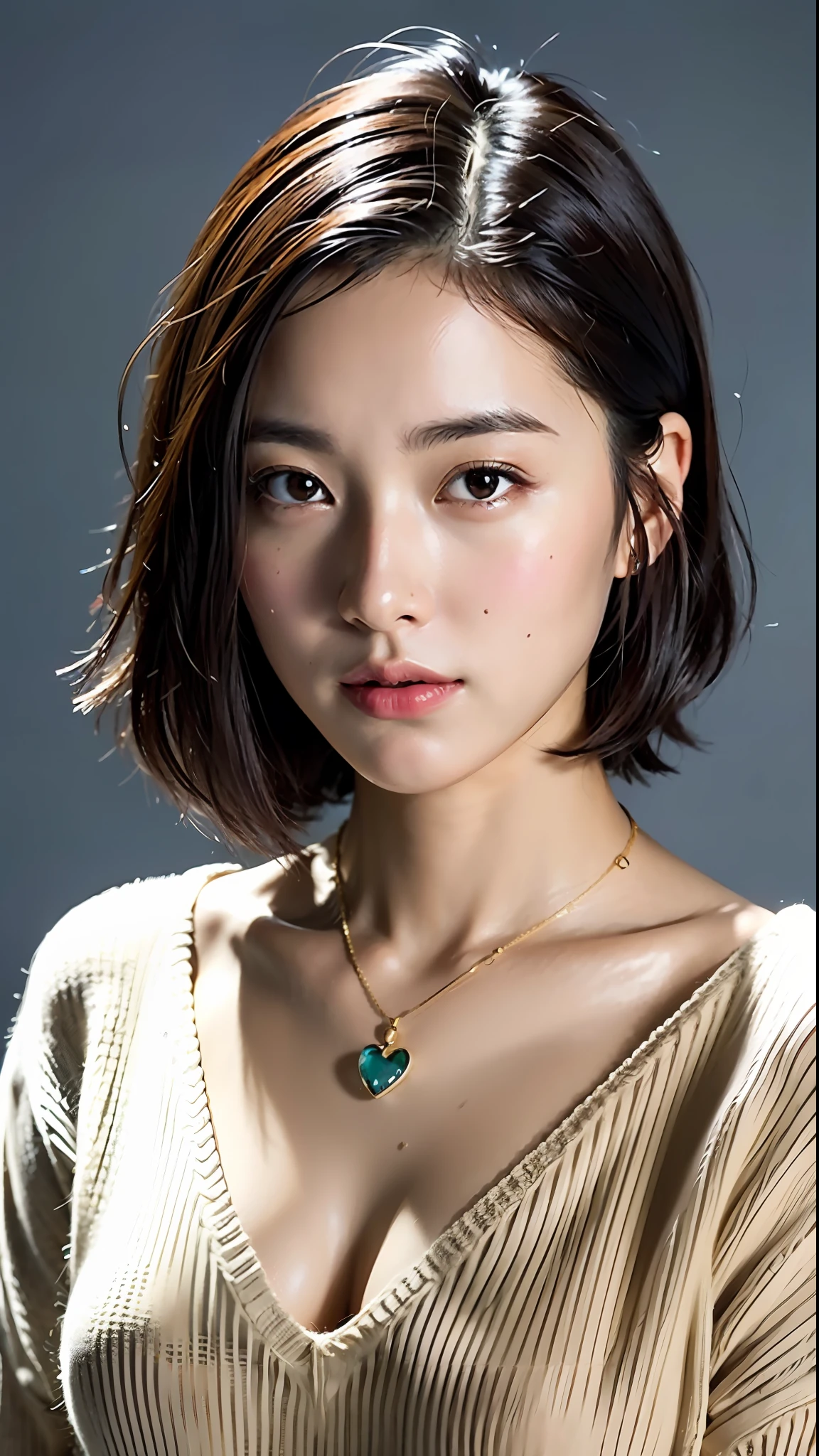 (Best Quality, 8k, 32k, Masterpiece, UHD: 1.2), Cute Japan Woman Pictures, Big, Very Short Bob Hair, Upper Body, Face Focus, oversized_sweater, Necklace, Simple Background, From Above, Looking Viewer, Small and Hard Nipples, Wet Clothes, Beautiful Lower Body