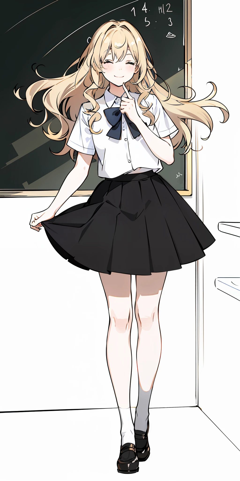 Color, (Masterpiece: 1.4), (Best Quality: 1.4), 8K, HD, Ultra HD, 1 Girl, (Small: 1.4), Long Blonde Hair, Small in Underwear, White Socks, Curly Hair, Blushing, (Smiling Happily), (Covering Hands, Covering Eyes)), Classroom, Blackboard, Wind, Skirt, Flipping Skirt,