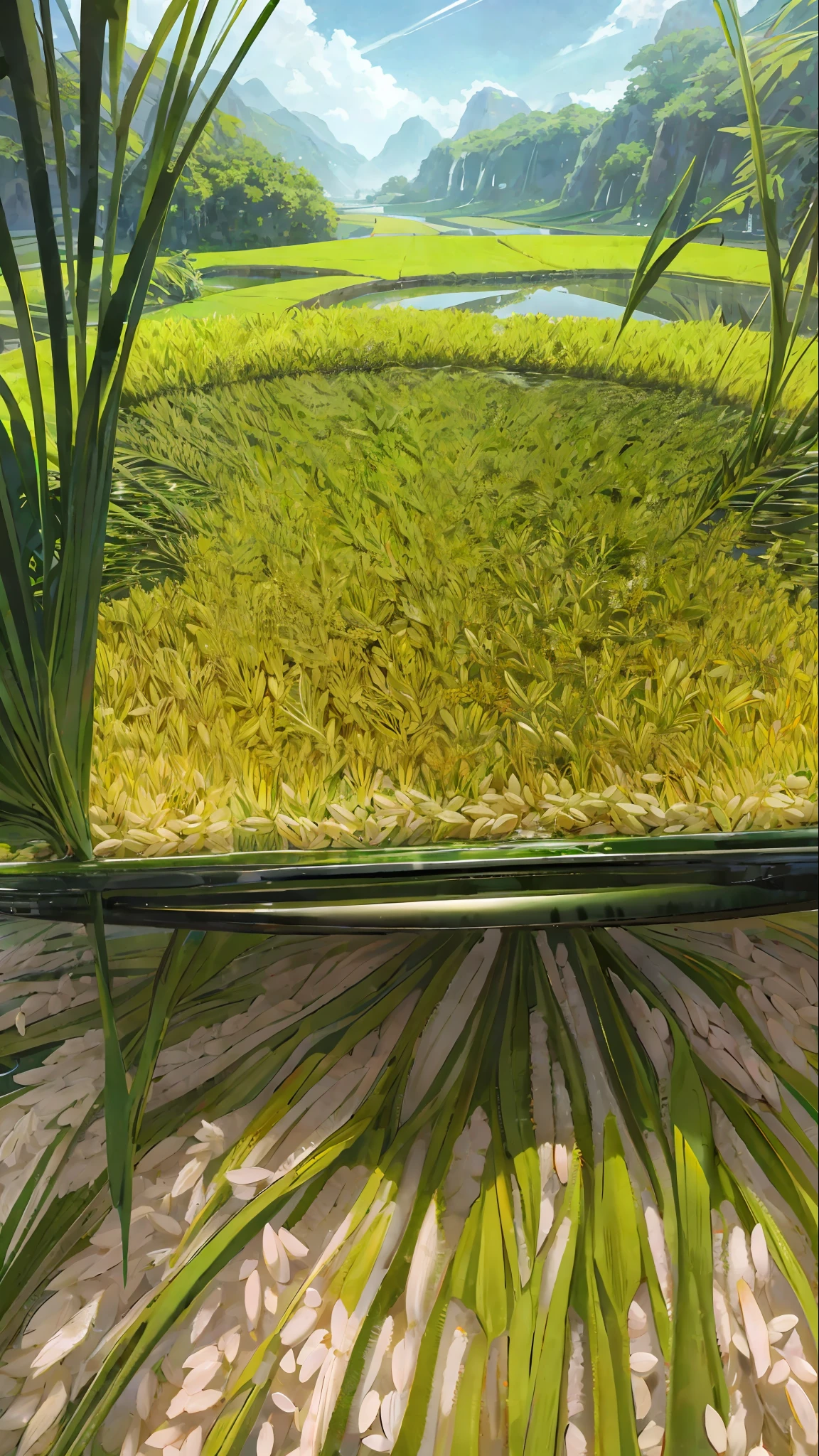 Rice, rice, inside the water, green and yellow, full of grain, realism, hyper-detail