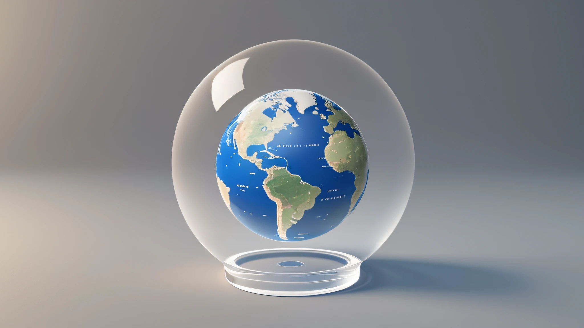 There is a micro-transparent globe with base and earth, UI design, minimalist 3D icon, frosted glass style, blender, rendering stylization, miniature product photos, premium feel, neutral tones, low saturation, front view, 8k, masterpiece