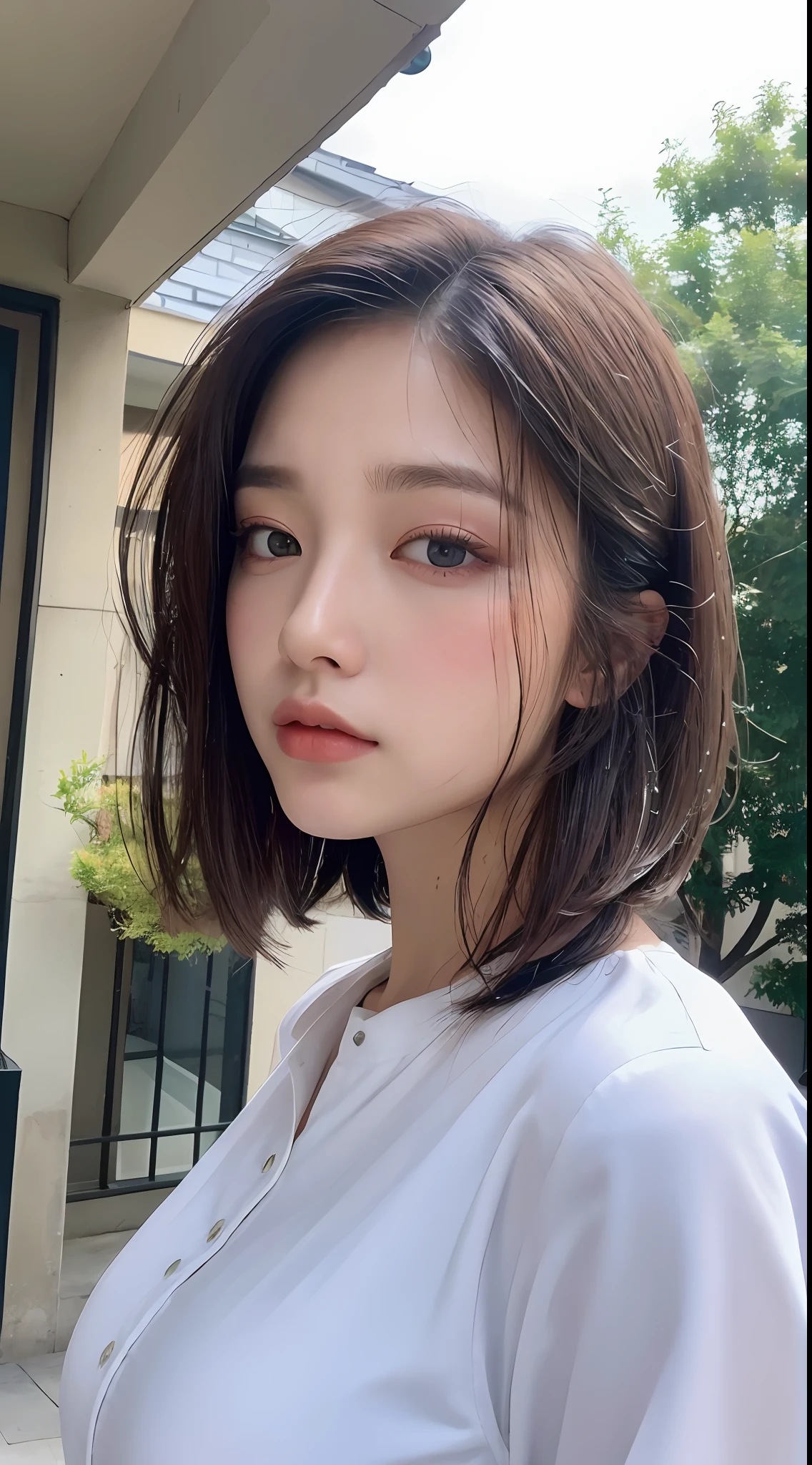((Best Quality, 8K, Masterpiece: 1.3)), Sharp: 1.2, Perfect Body Beauty: 1.4, Slim Abs: 1.2, ((Layered Hairstyle, Big Breasts: 1.2)), (Wet White Button Long Shirt: 1.1), (Rain, Street: 1.2), Wet: 1.5, Highly detailed face and skin texture, detailed eyes, double eyelids, side face looking at the camera