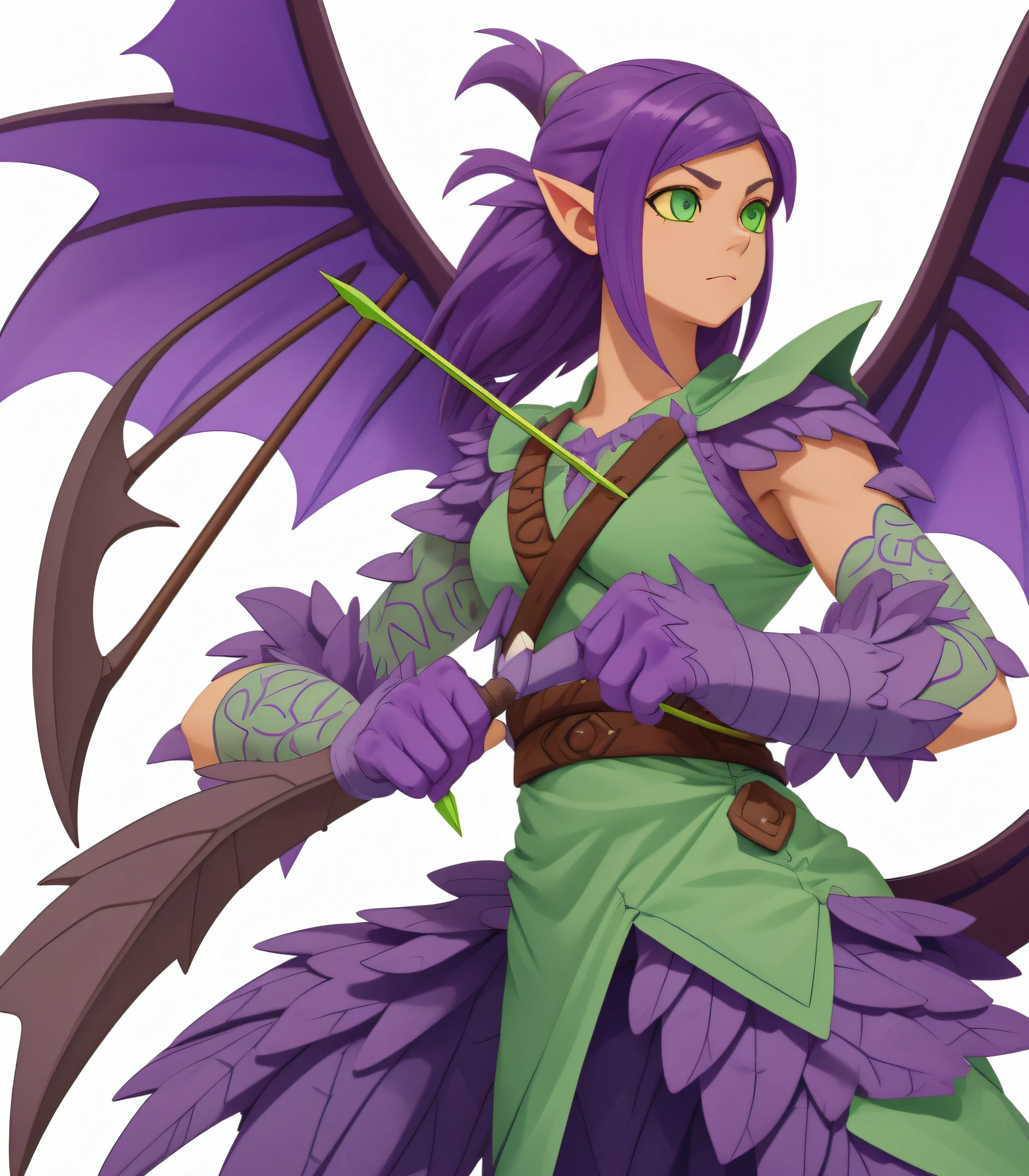 wyvern, (monster girl), violet scales, green eyes, violet dactyl wings with purple membranes, small pointed ears, violet tail with a arrow shaped tip, dressed barbarian style, masterpiece, best quality