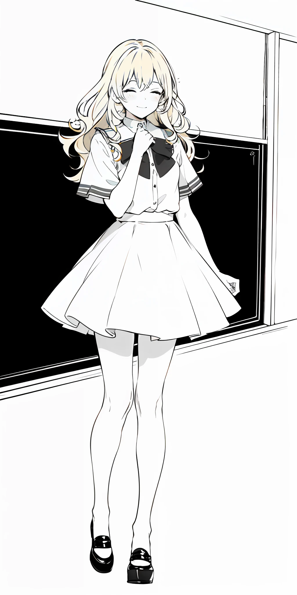 Color, (Masterpiece: 1.4), (Best Quality: 1.4), 8K, HD, Ultra HD, 1 Girl, (Small: 1.4), Long Blonde Hair, Small in Underwear, White Socks, Curly Hair, Blushing, (Smiling Happily), (Covering Hands, Covering Eyes)), Classroom, Blackboard, Wind, Skirt, Flipping Skirt,