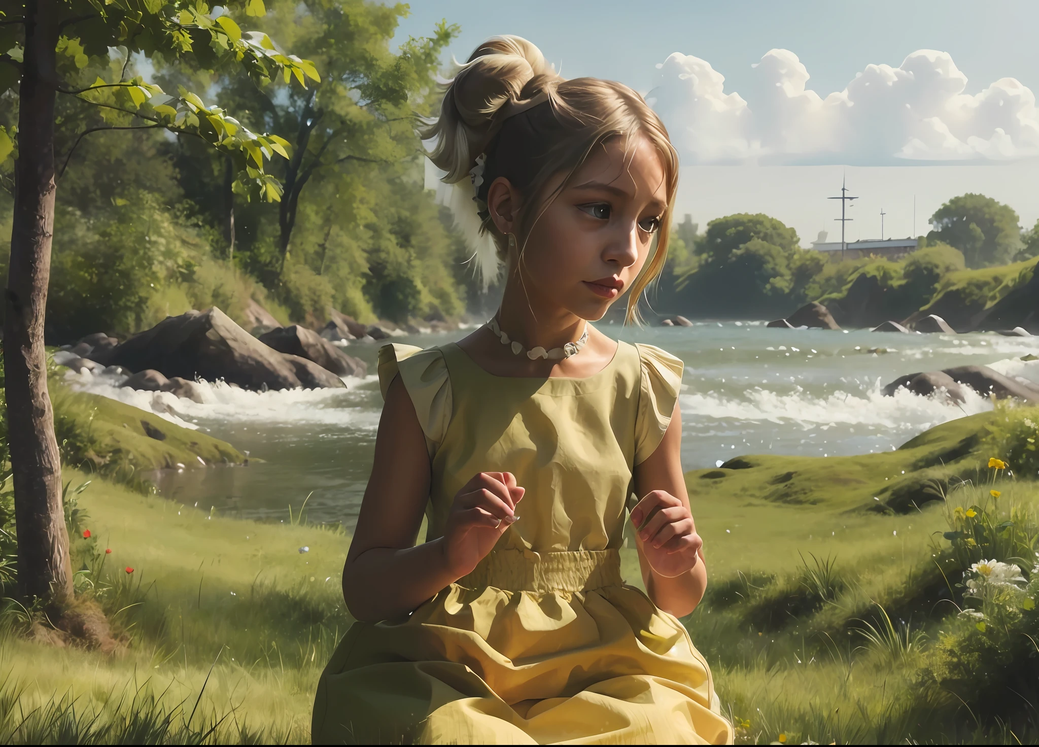 an oil painting,
1 girl, white city, white dress,(high ponytail:1.5),
delicate face, delicate eyes, the,
flowers,
wilderness, grass, blue sky,