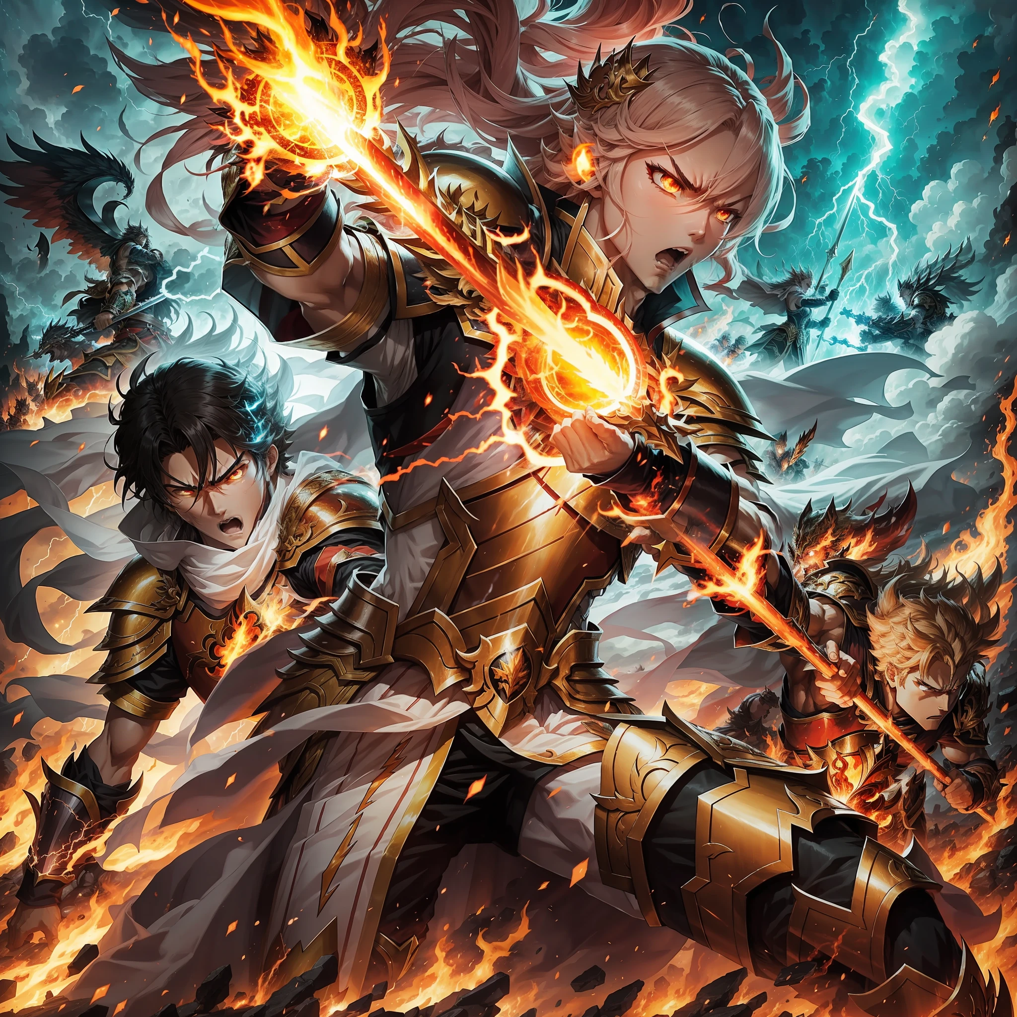 A fierce battle scene featuring the heroes of King of Glory clashing with their enemies, with flames and lightning in the background. --auto --s2