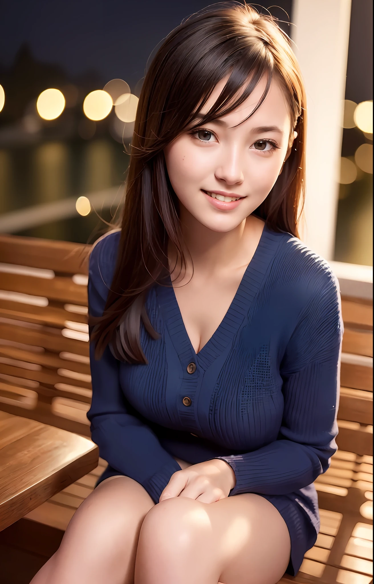 (8k, best quality, masterpiece:1.2), (realistic, photorealistic:1.37), ultra detail, one girl, cute, solo, beautiful detail sky, detail café, night, sitting, dating, (smile:1.15), beautiful detail eyes,