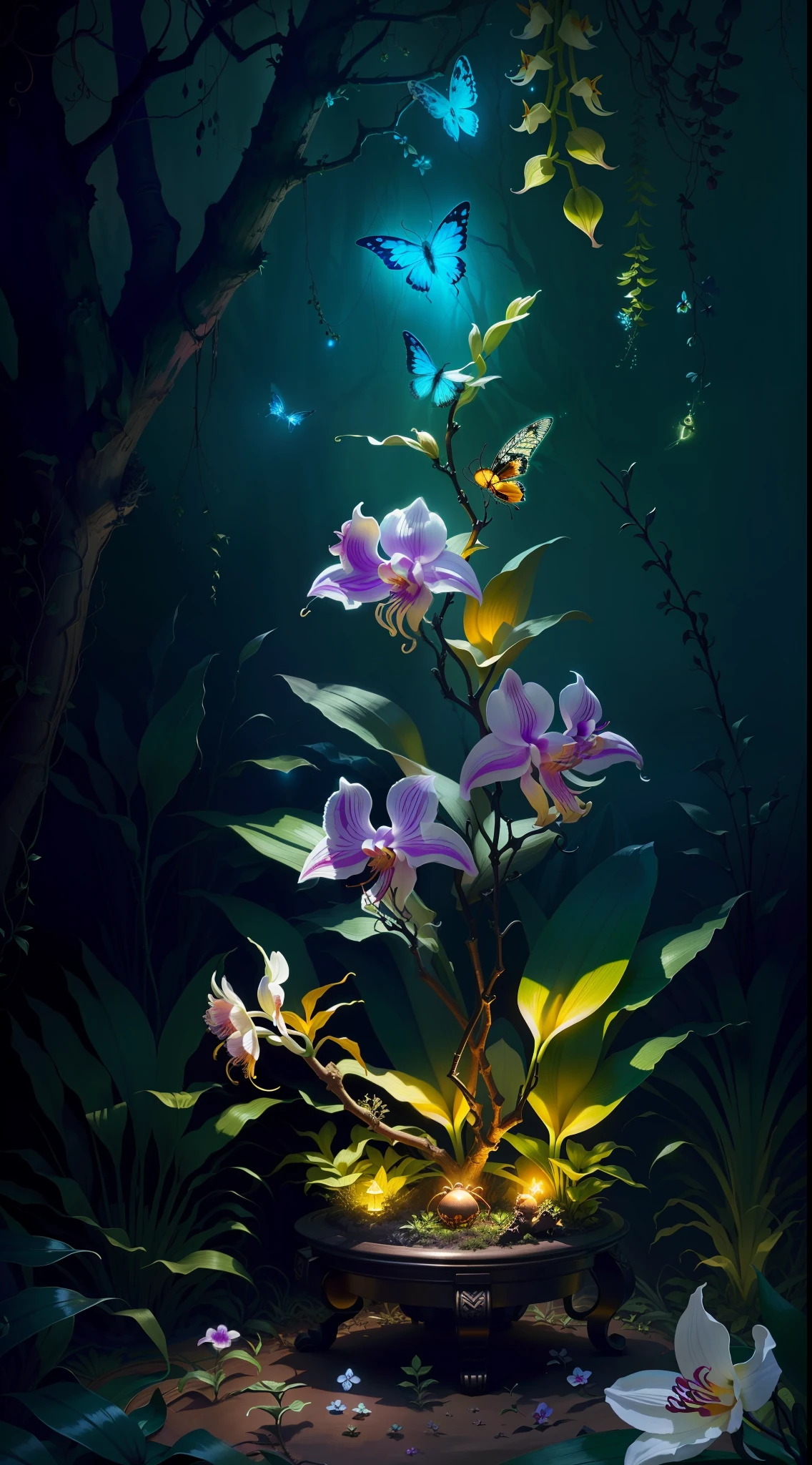 an exorcist style ant hill with beautiful orchids around and fireflies, it is surrounded by strange power,there are also some treasures around, with some magical  visual effects, fantasy, ambiance hd, HDR, 4k upscalen v--4.