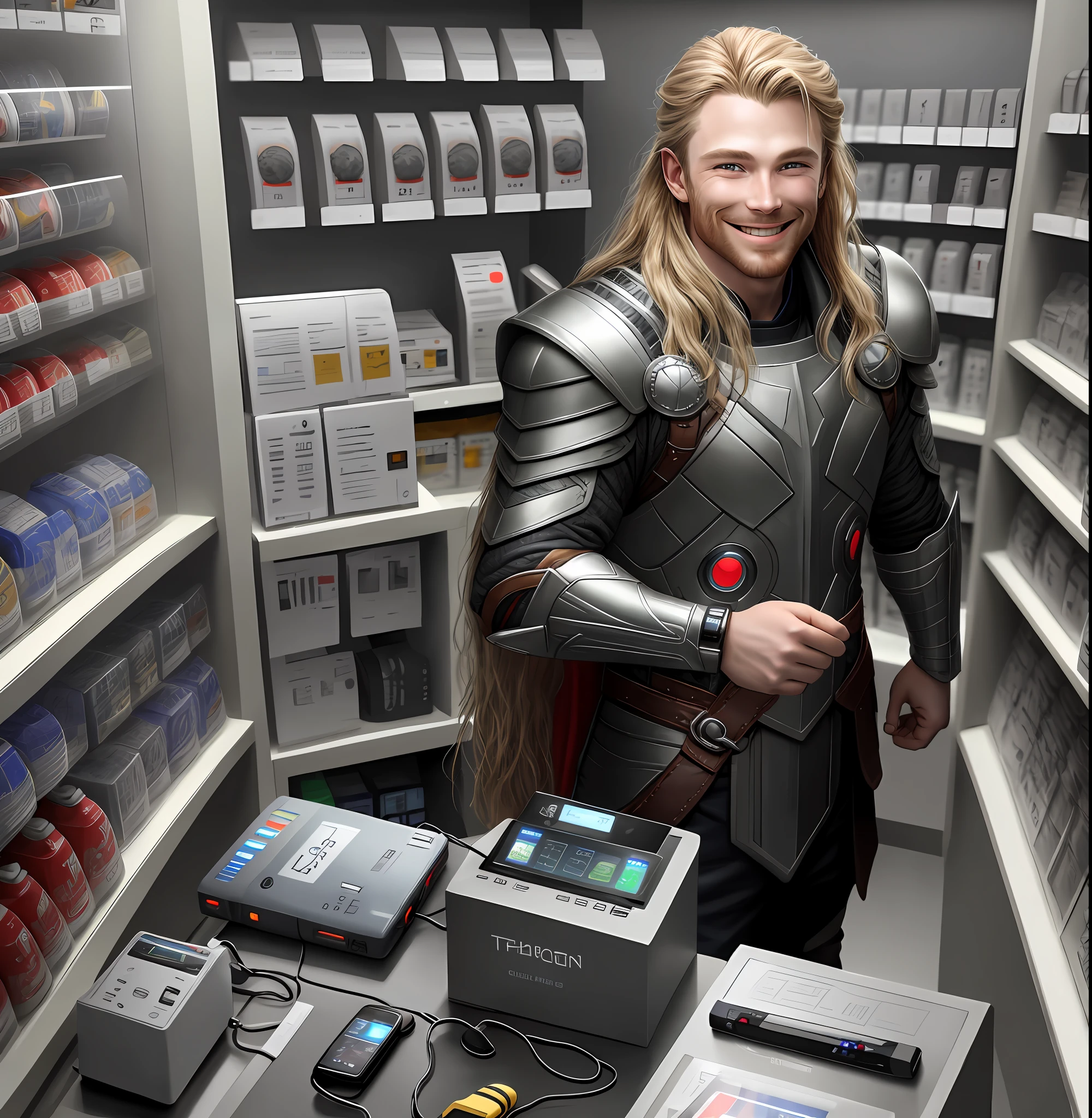 Thor,wearing real thor armor,selling electronic material (power bank,battery,earphone)in electronic shop,smiling,8k,
