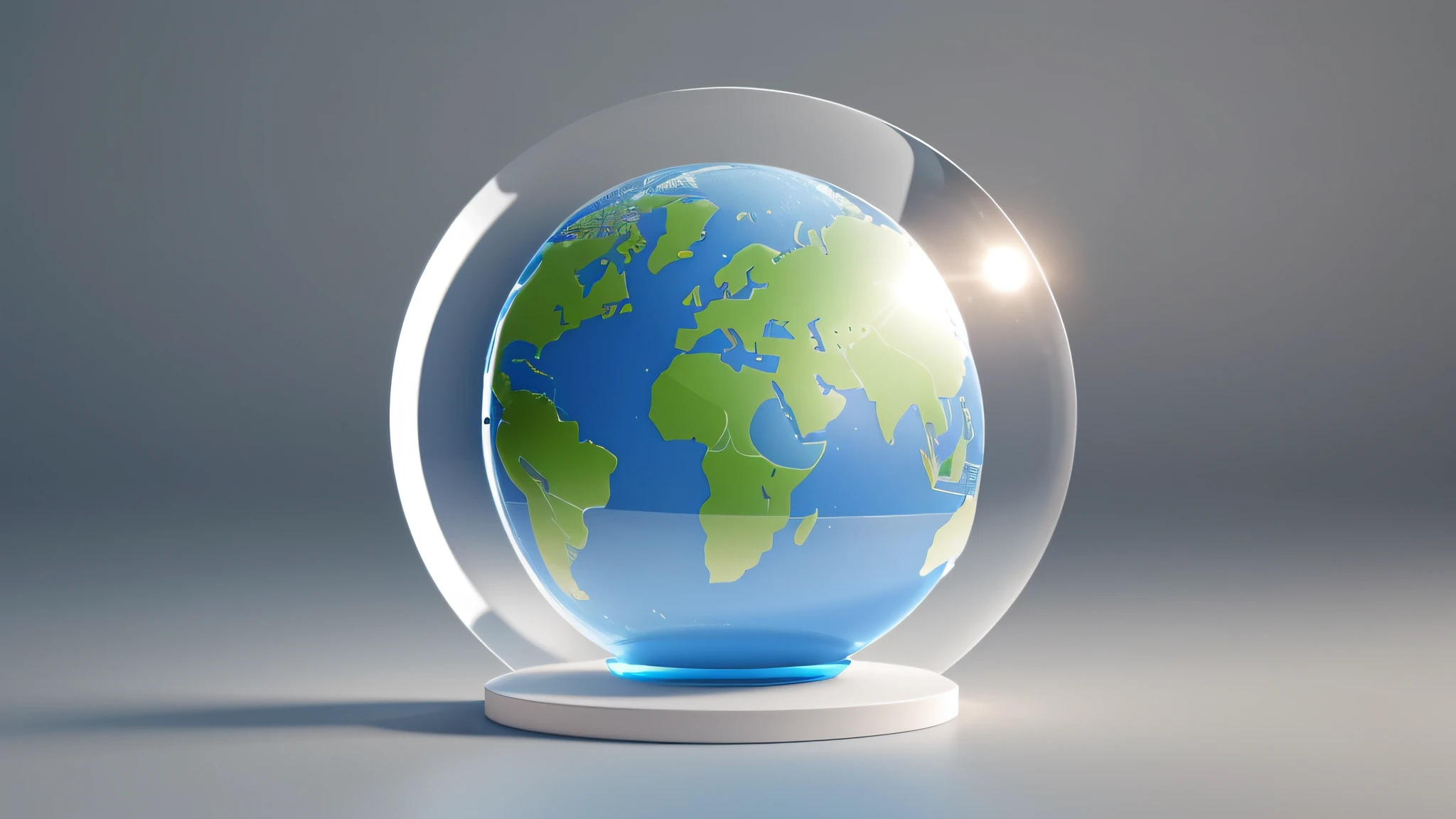 There is a micro-transparent globe with base and earth, UI design, minimalist 3D icon, frosted glass style, blender, rendering stylization, miniature product photos, premium feel, neutral tones, low saturation, front view, 8k, masterpiece