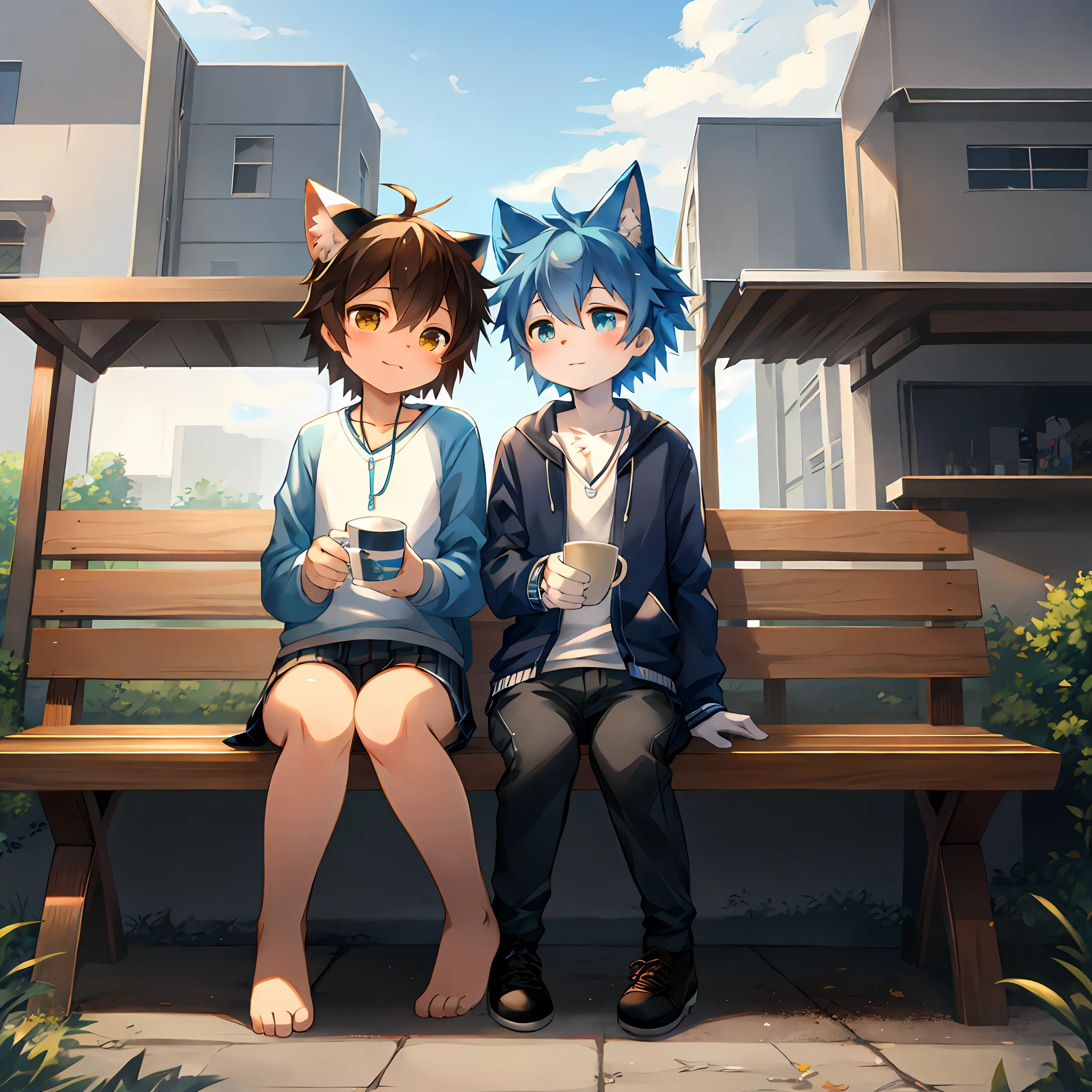 Anime - style picture of a blue cat sitting on a bench drinking a cup of coffee, detailed doujin art, high resolution committee, Sora as a cat, high quality fan art, popular on ArtStation Pixiv, anime moe art style, high quality anime art style, drawn in anime painter studio, human cat, human cat, committee art, anime art style, cute face