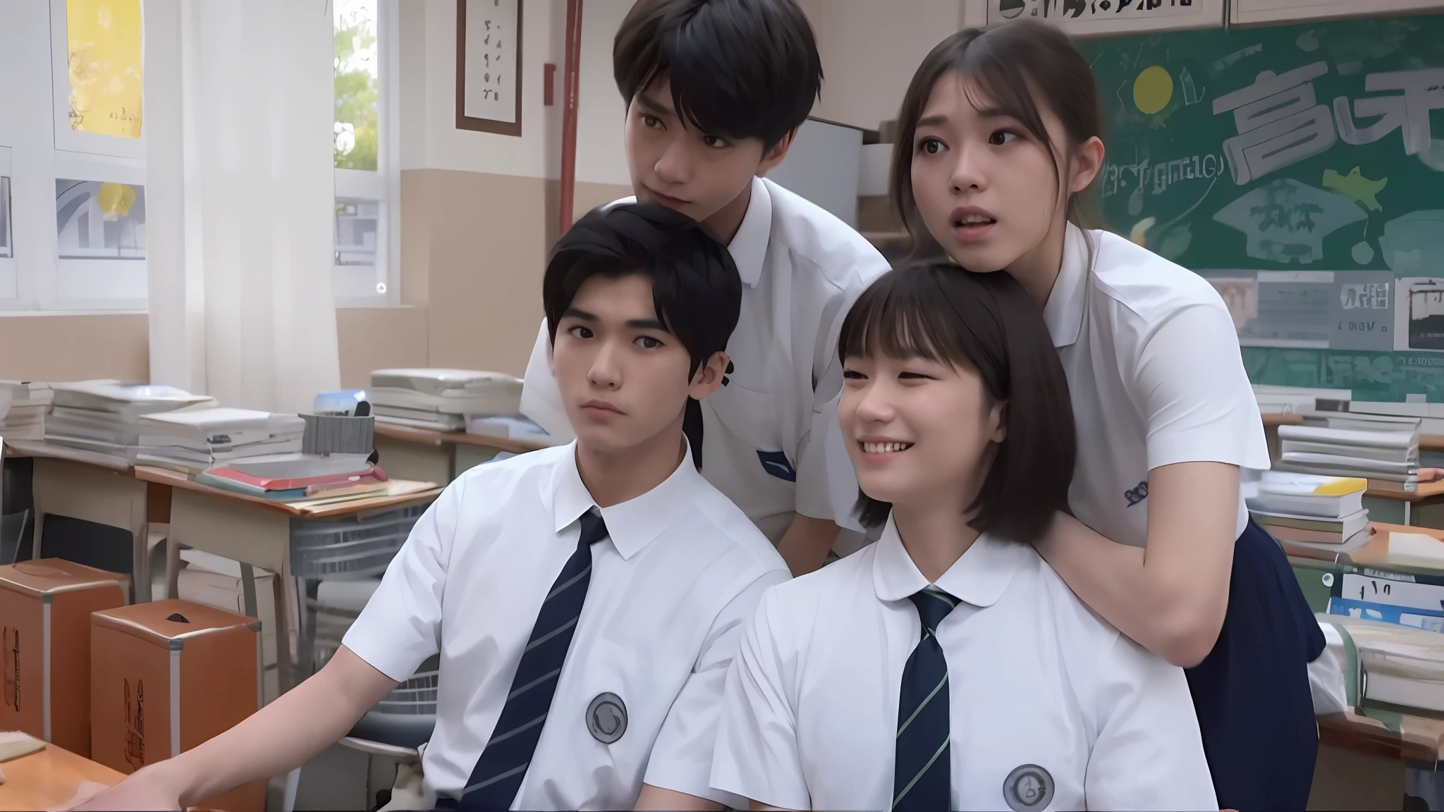 there are four young people in school uniforms posing for a picture, scene from live action movie, japanese live-action movie, still from a live action movie, still from a movie, highlight scene of the movie, japanese high school, still frame from a movie, still from the movie, live-action adaptation, screenshot from a movie, jk uniform