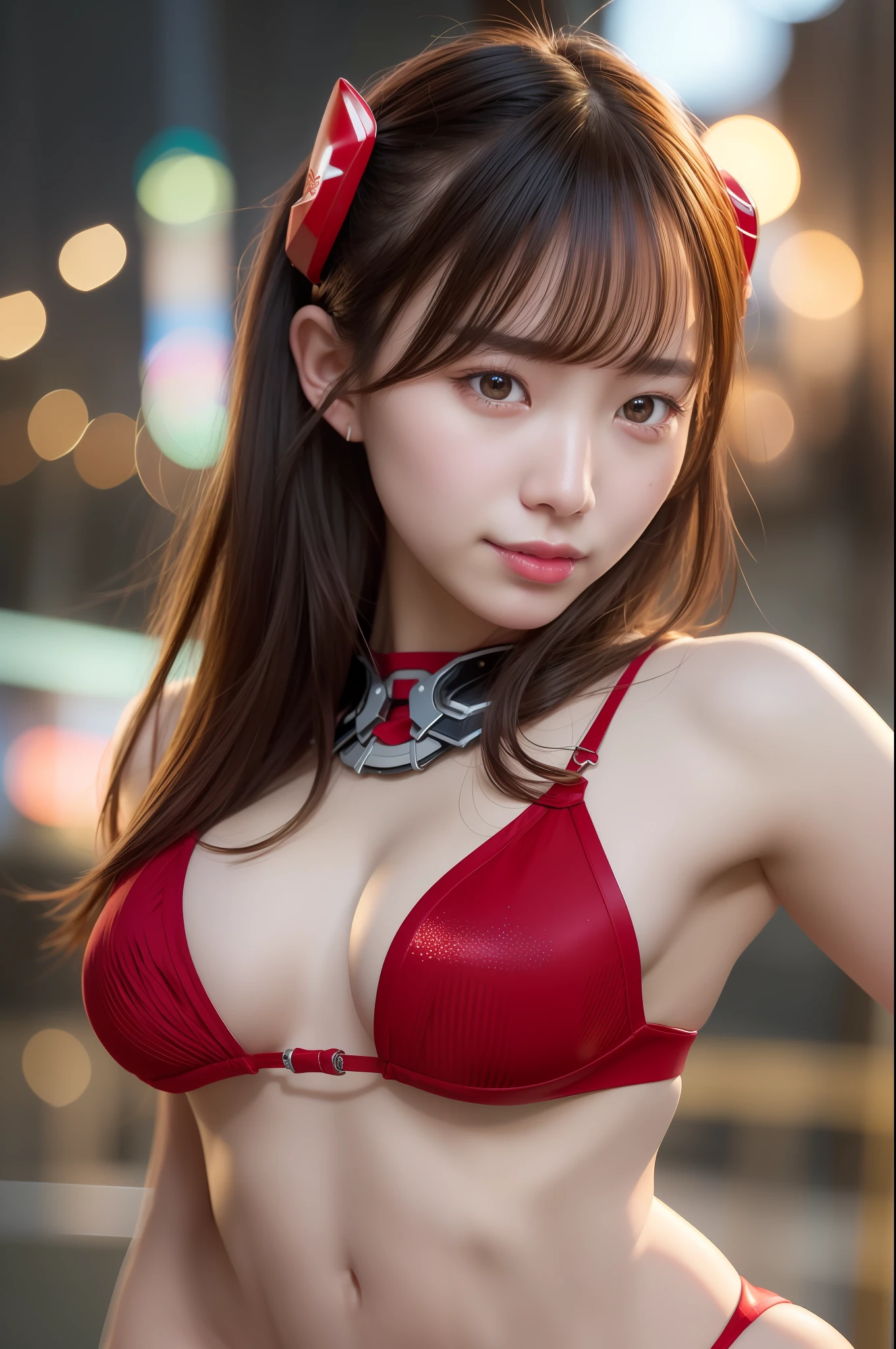 masterpiece, top quality, 4k, 8k, ultra high resolution, realistic, light smile, (photorealistic, RAW photo, sharp focus: 1.4), highly detailed, detailed face, detailed background, beautiful Japan woman, futuristic amusement park background at night, neon lighting, futuristic mechanical spacesuit, fighting pose, full body, sideways, cute pose, red bikini, 8k uhd,raw photo,a japanese girl,, masterwork,RAW photo,real person,RAW photograph,ultra high res,photorealistic,best quality,(high detailed skin,skin details),visible pores,shiny skin, masterpiece,incredibly_absurdres,finely detail,colorized, an extremely delicate and beautiful,extremely detailed 8K wallpaper,8k high quality,
