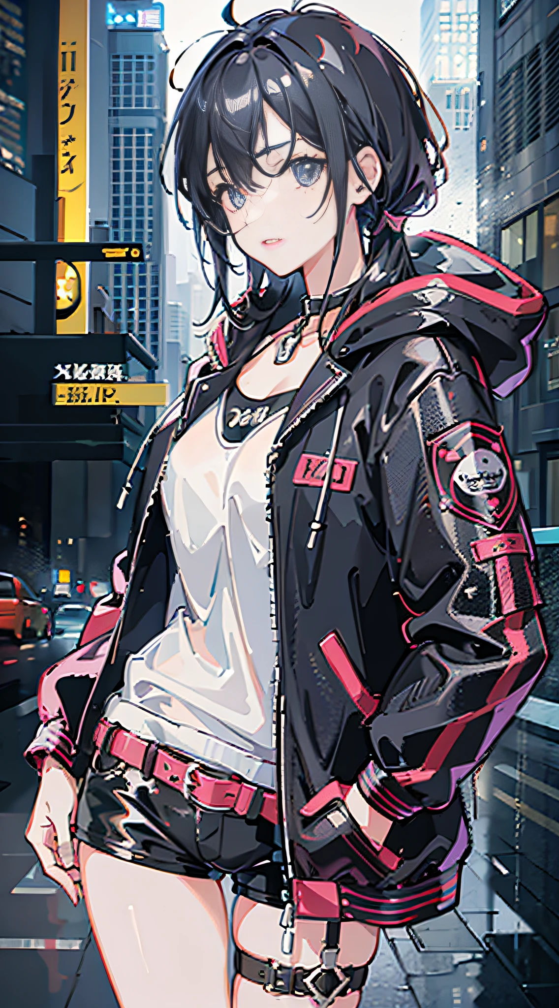 1girl, jacket, rain, outdoor, hoodie, open jacket, chain, backpack, looking at another, messy hair, trending on artstation, 8k resolution, highly detailed, anatomically correct, sharp image, digital painting, concept art, trending on pixiv, style of makoto shinkai,