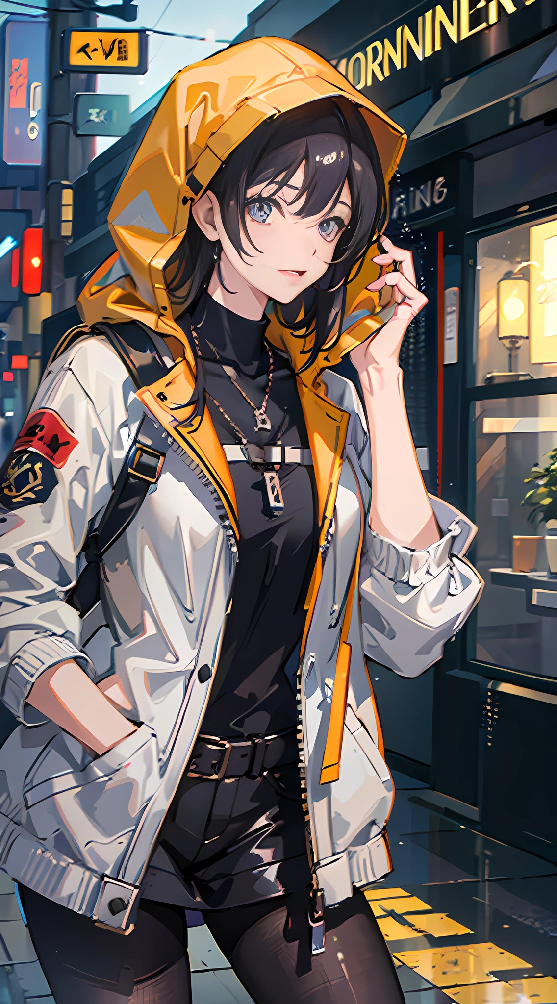 1girl, jacket, rain, outdoor, hoodie, open jacket, chain, backpack, looking at another, messy hair, trending on artstation, 8k resolution, highly detailed, anatomically correct, sharp image, digital painting, concept art, trending on pixiv, style of makoto shinkai,